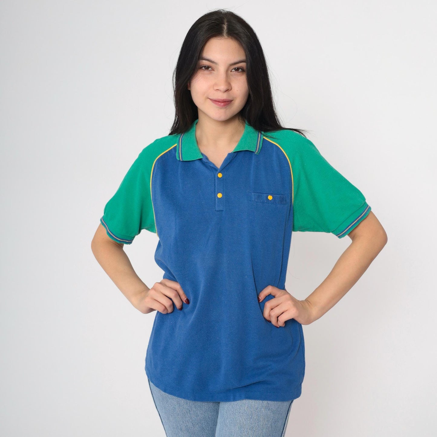 80s Bugle Boy Polo Shirt Colorblock Blue Green Raglan Medium
