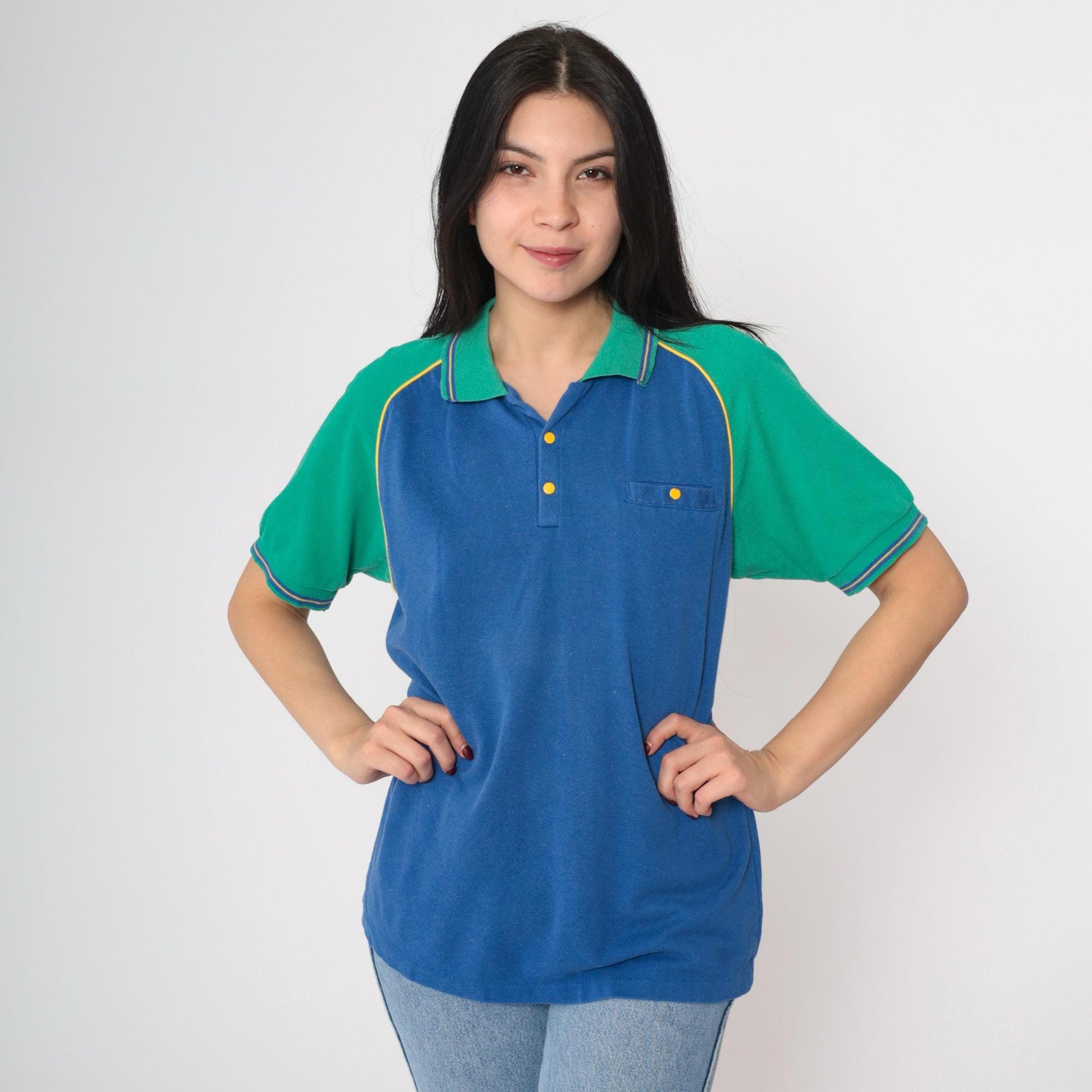80s Bugle Boy Polo Shirt Colorblock Blue Green Raglan Medium