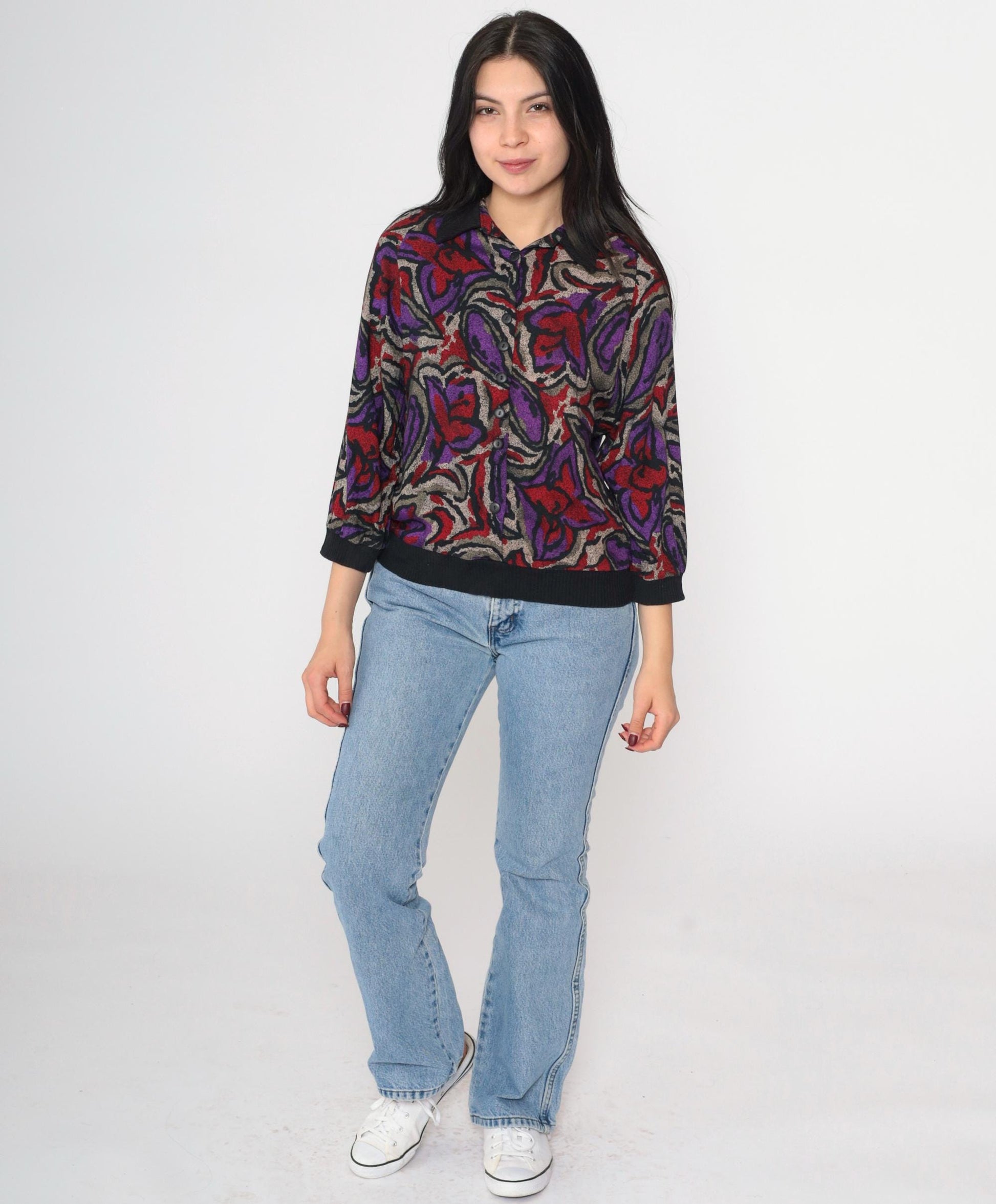 90s Abstract Floral Rayon Button Up Blouse Black 3/4 Sleeve Small S