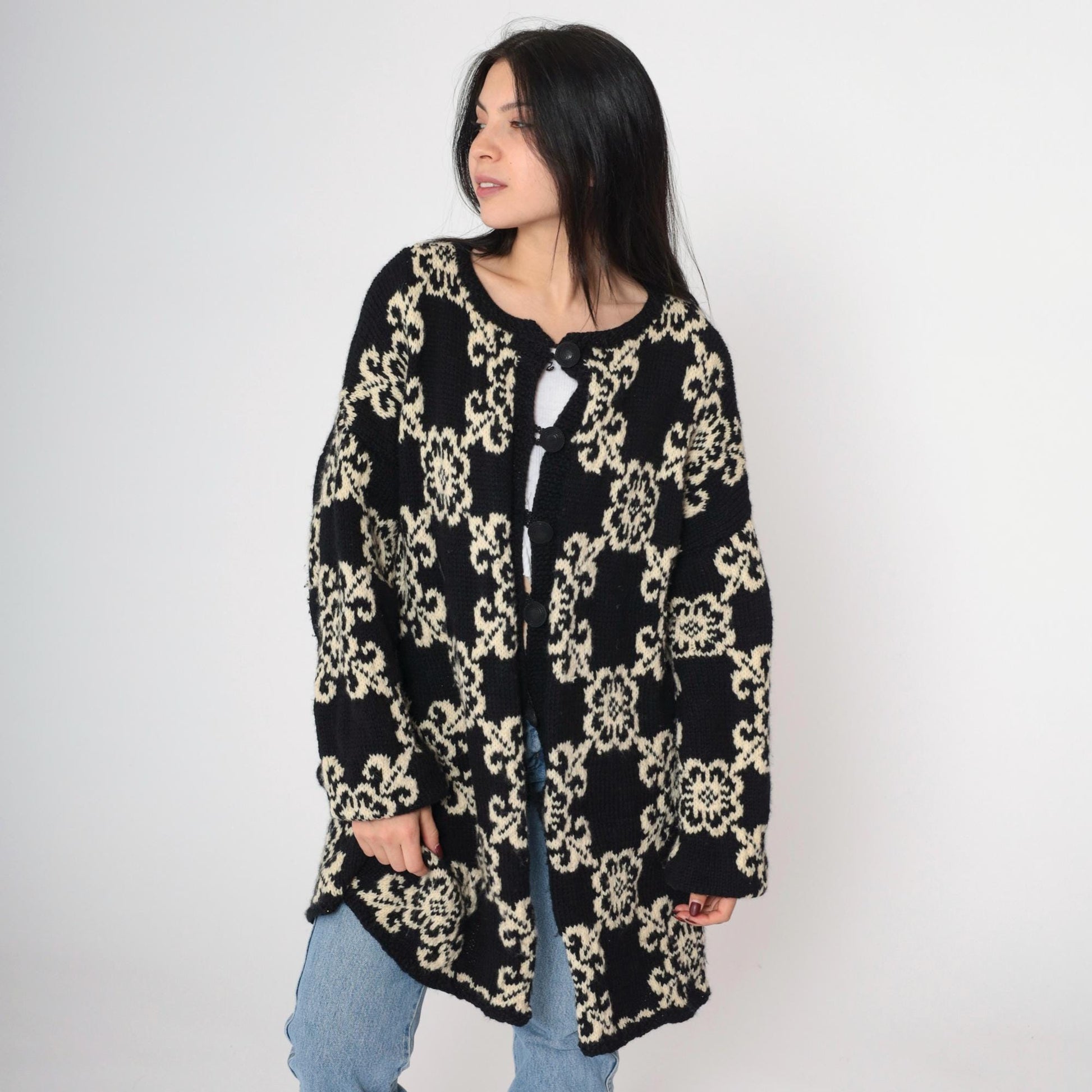 80s Floral Cardigan Longline Button-Up Knit Sweater Cream Black Extra Large