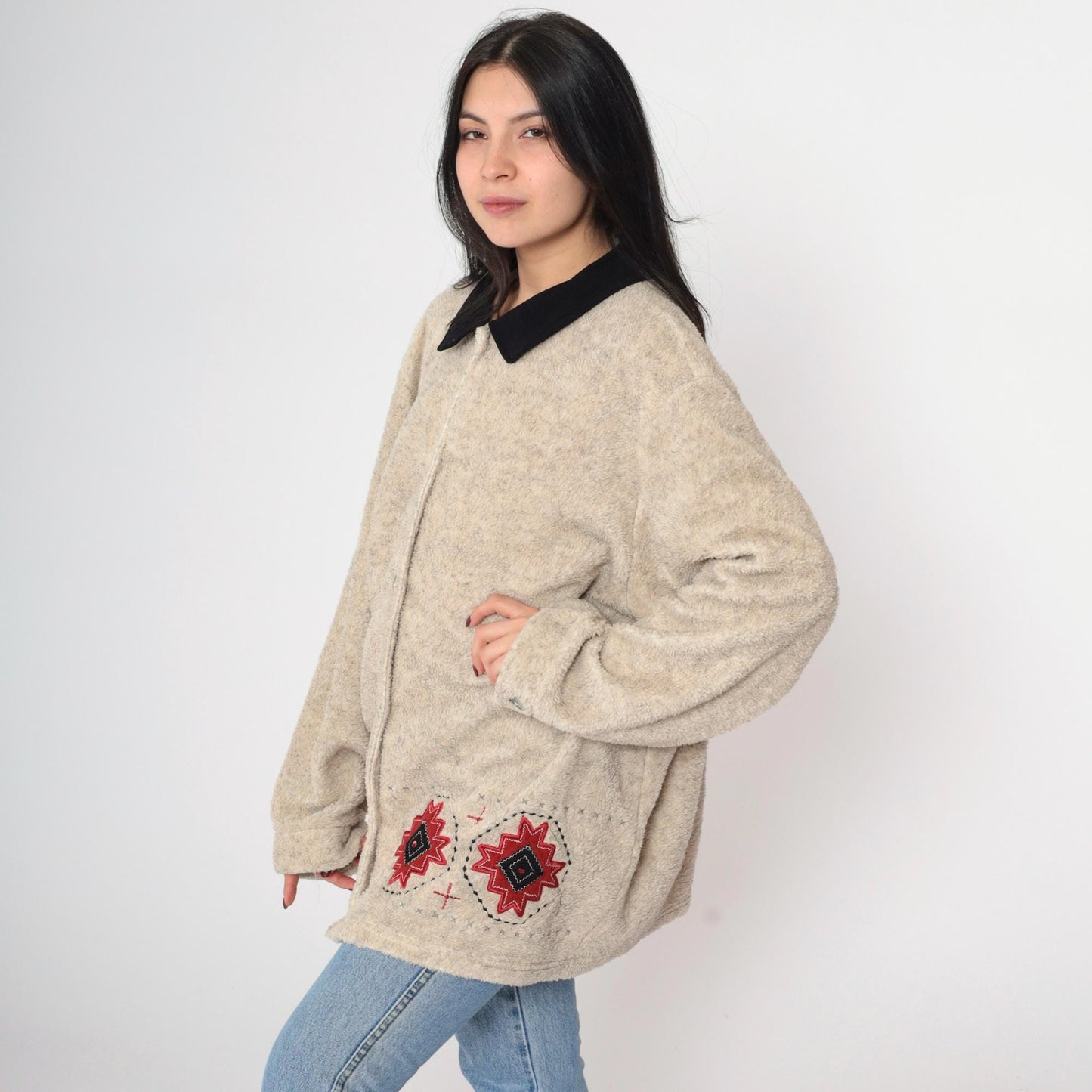 00s Southwestern Fleece Jacket Beige Aztec Button-Up XXL