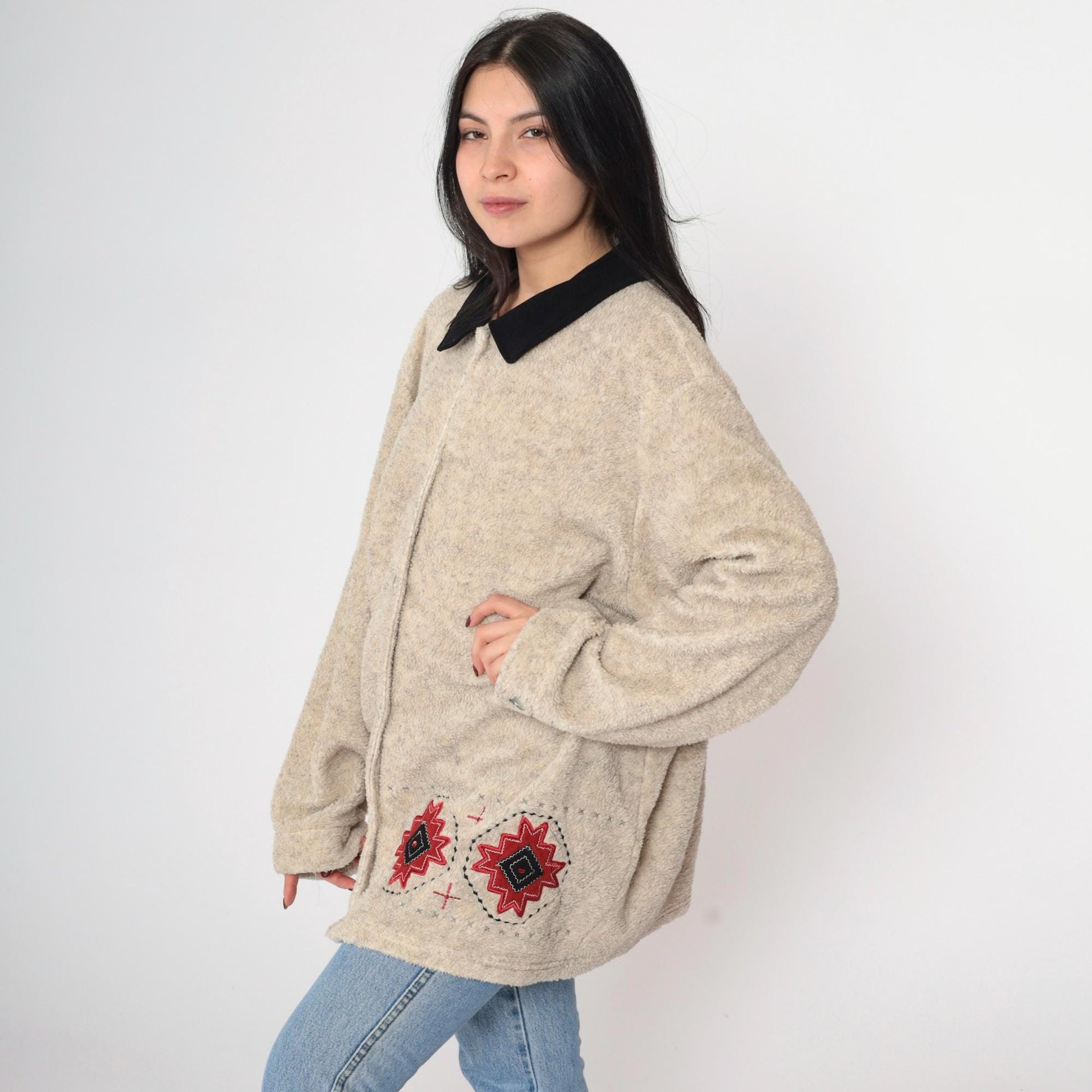 00s Southwestern Fleece Jacket Beige Aztec Button-Up XXL