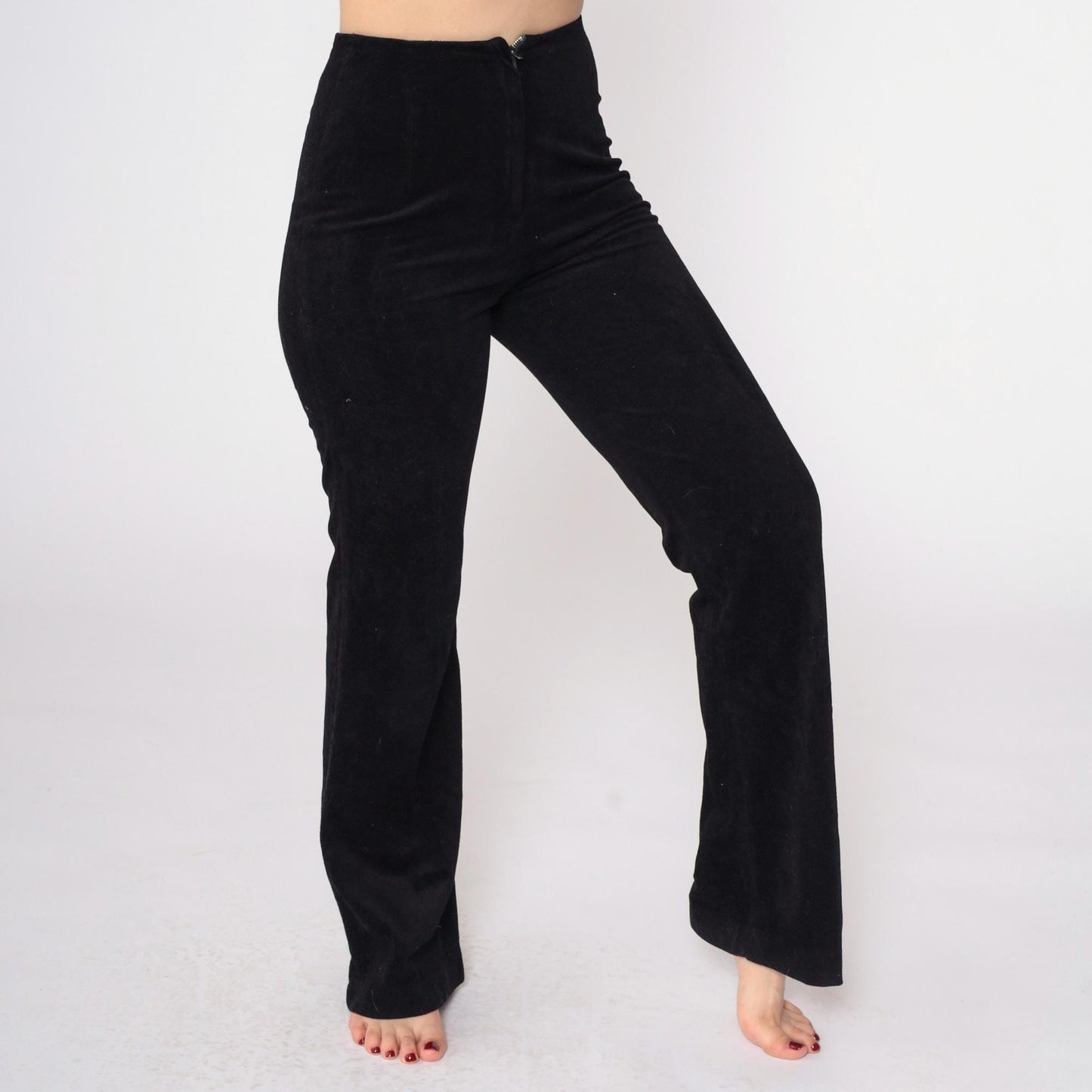 70s Black Velvet Bellbottoms High-Waisted Flared Trousers Small S