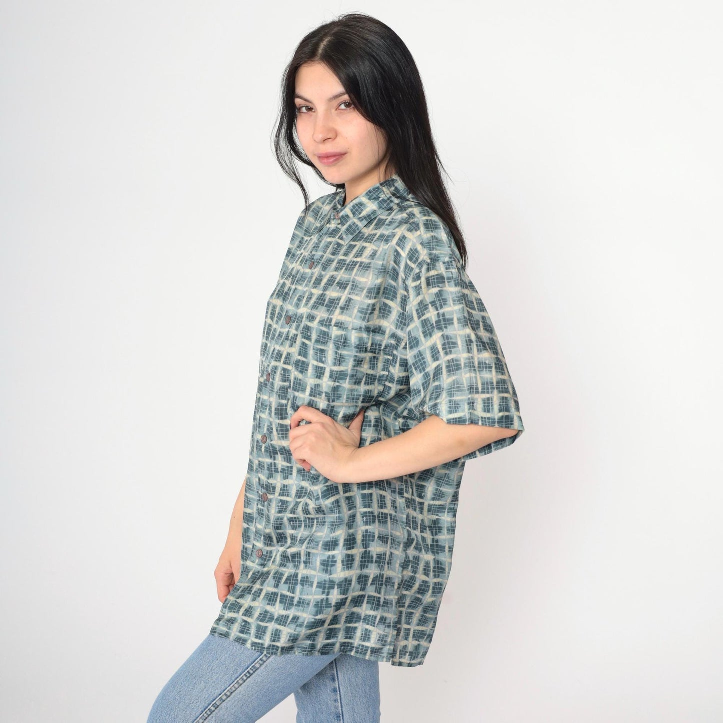 90s Robert Stock Silk Shirt Blue Geometric Print Button Up Small
