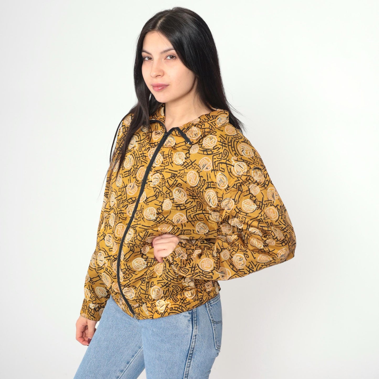 90s Kiku Silk Windbreaker Mustard Yellow Asian Symbol Zip Jacket Small