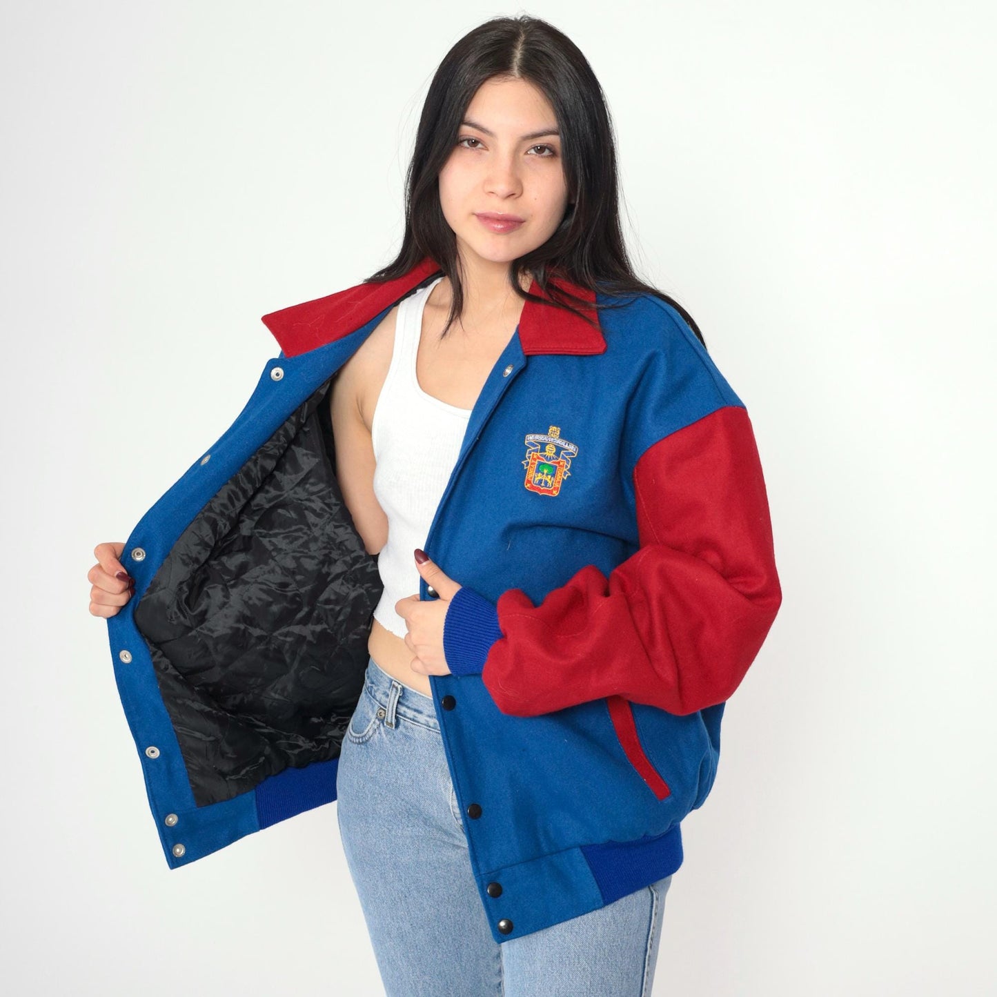 90s Universidad de Guadalajara Wool Varsity Jacket Lion Embroidery Blue Red Large