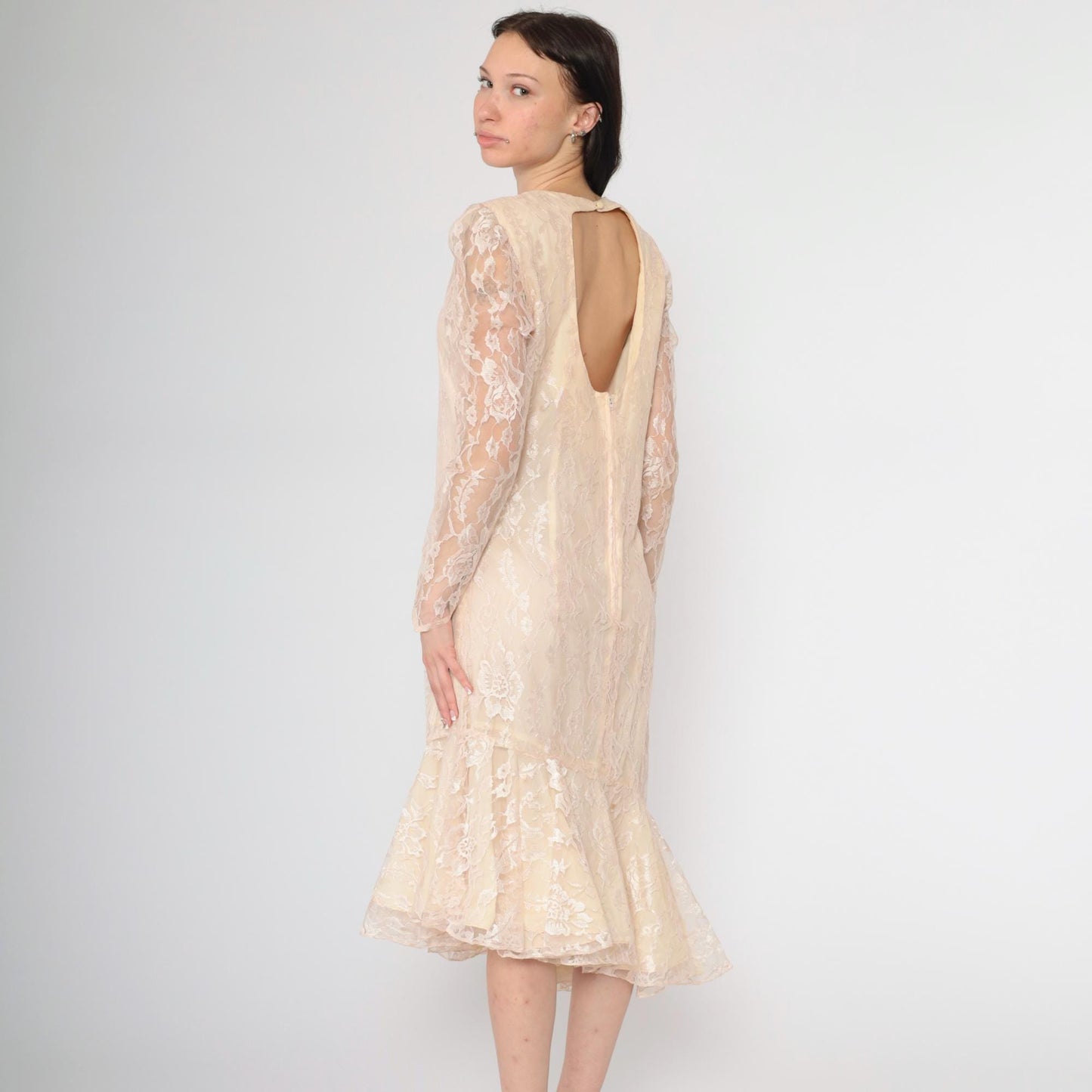 80s Peach Lace Puff Sleeve Dress Keyhole Back Mermaid Hem Small