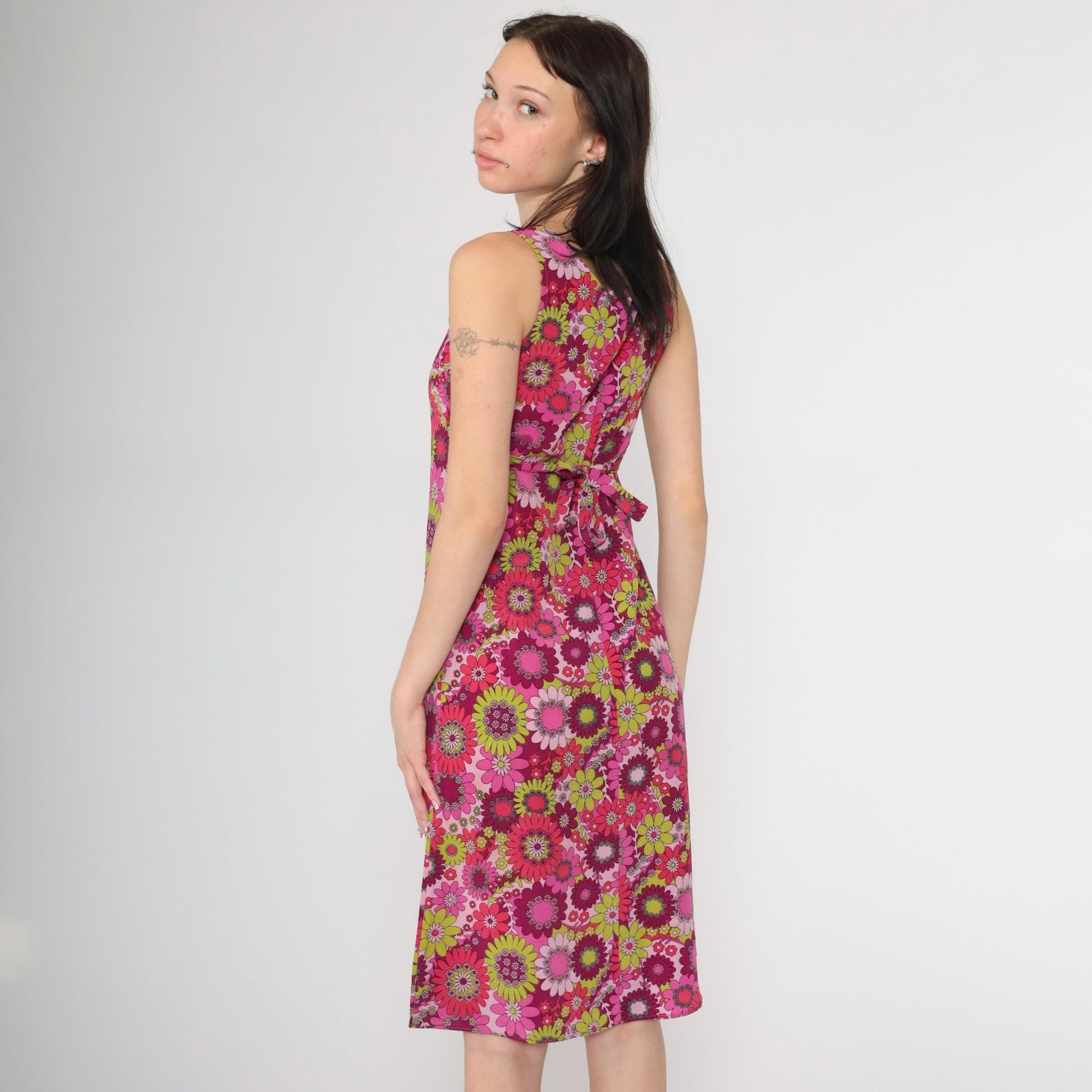 90s Floral Midi Sundress Shift Sleeveless Pink Purple Lime Green 2XS