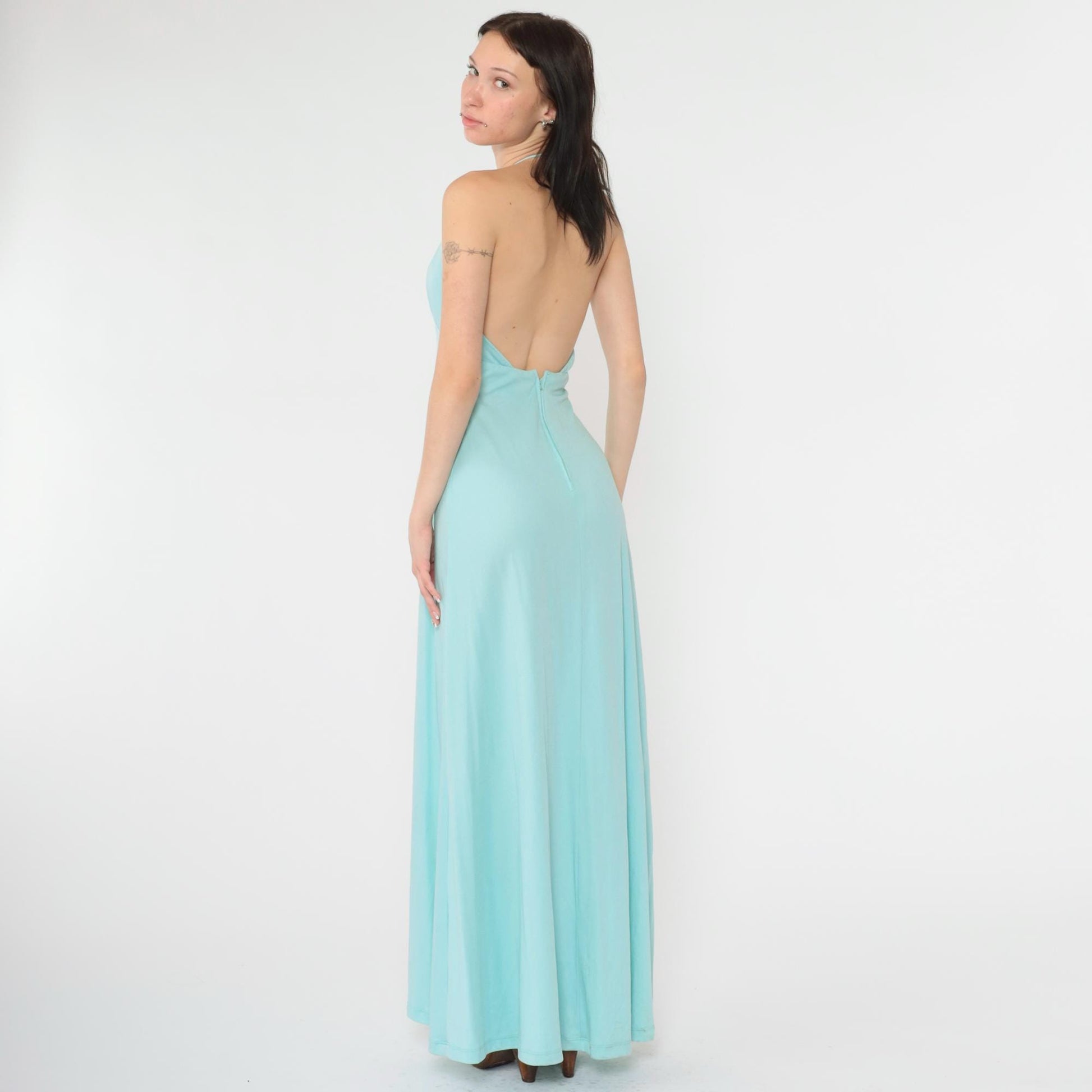 70s Light Blue Halter Maxi Dress Open Back Empire Waist Extra Small
