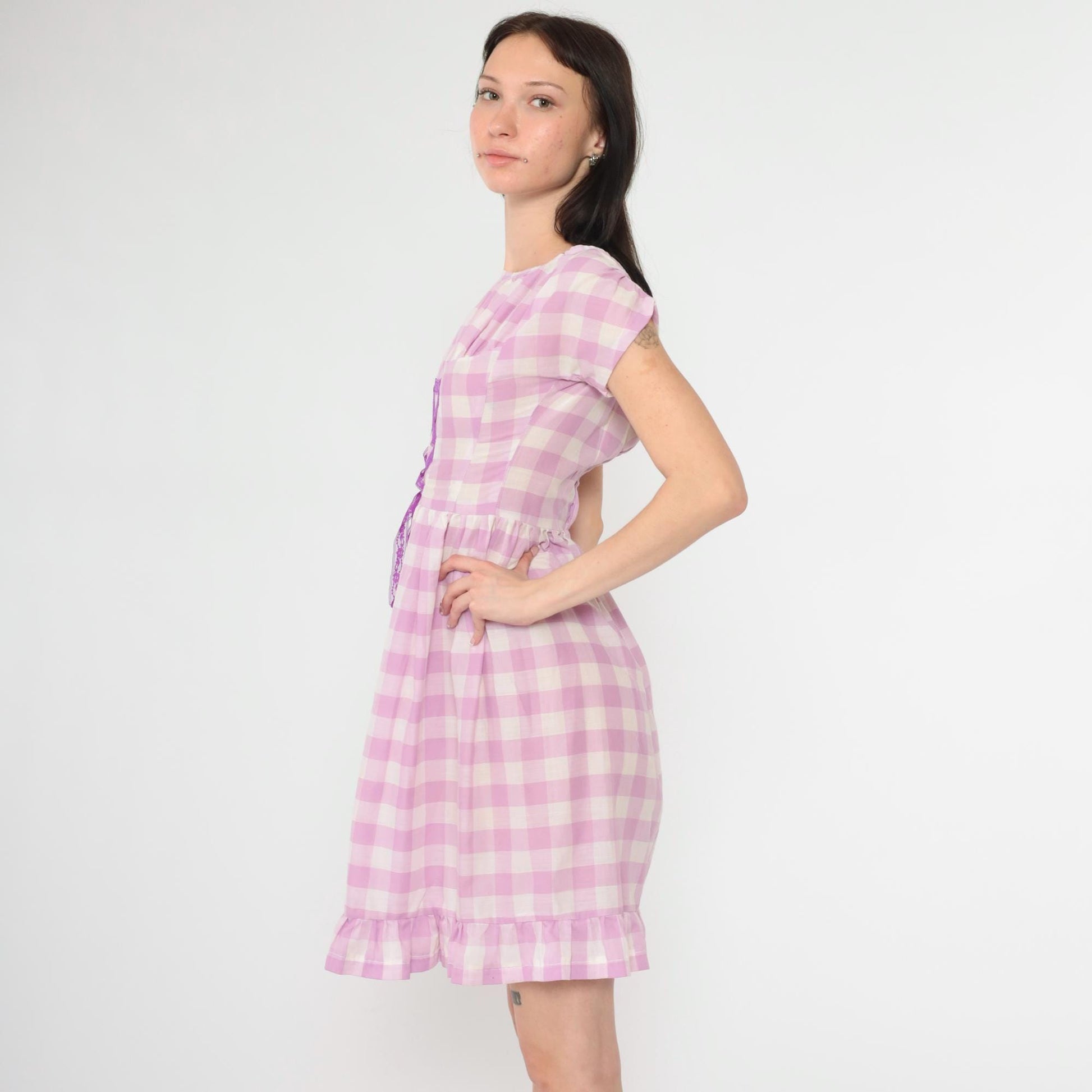 60s Lavender Gingham Mini Dress Lace-Up Corset Cap Sleeve High Waist Extra Small