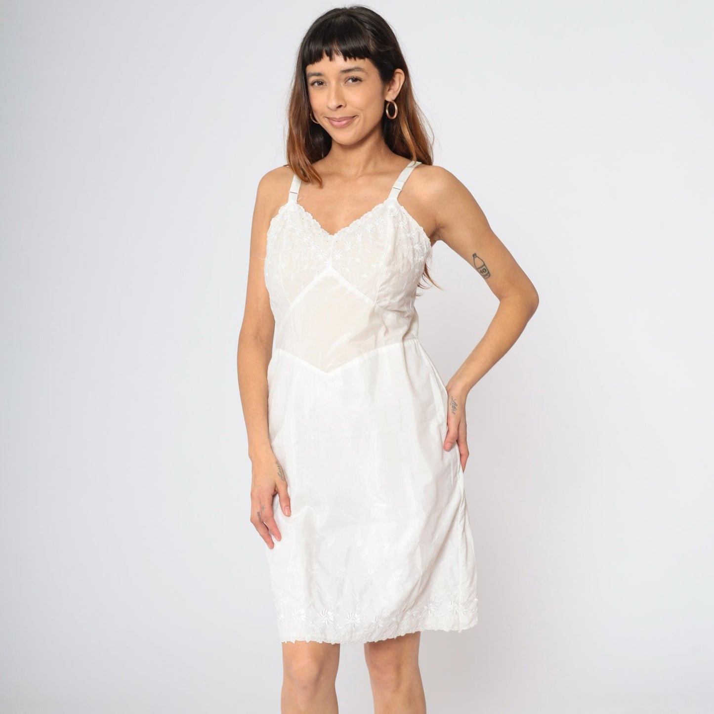 60s White Floral Embroidered Slip Dress High Waist Spaghetti Strap Mini 36