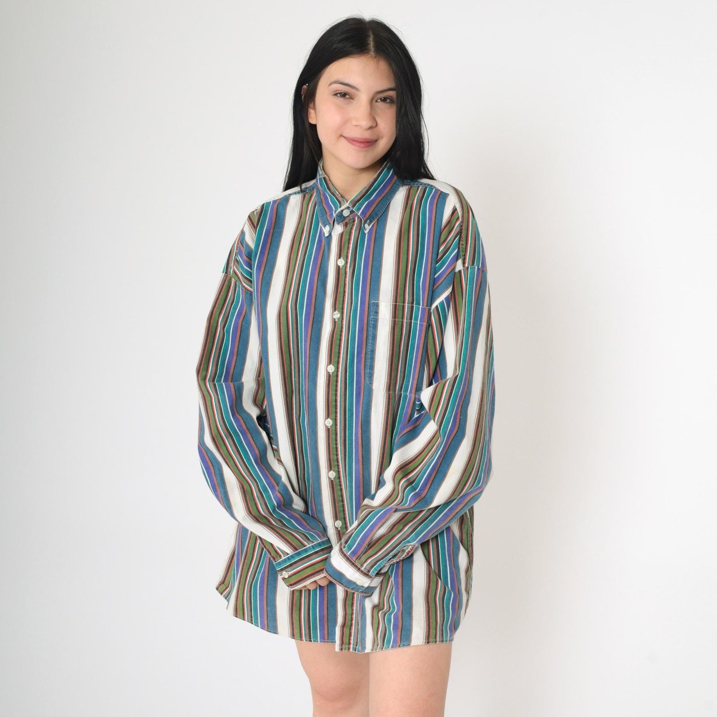 90s Bon Homme Multicolor Striped Cotton Button-Up Shirt Long Sleeve Extra Large XL