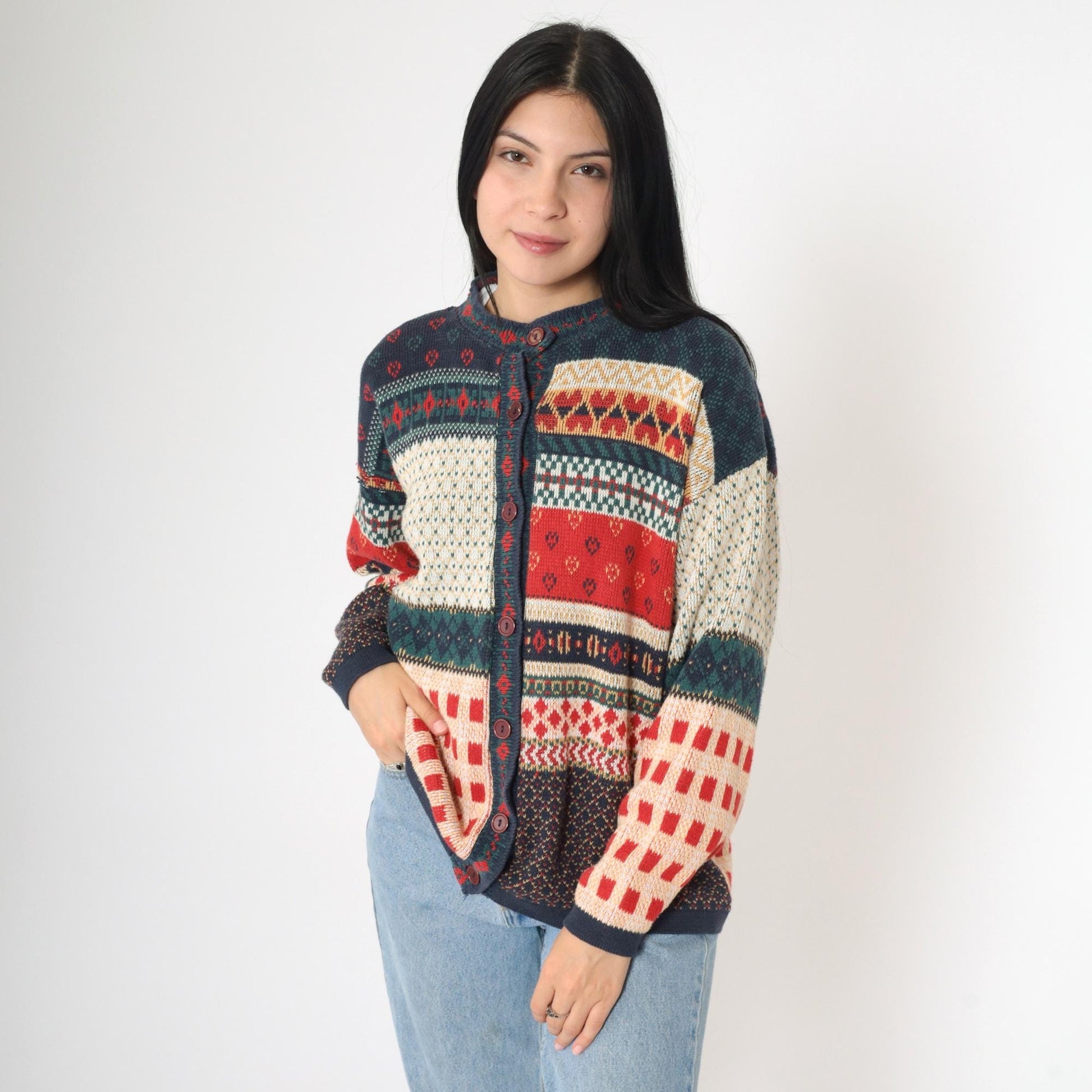 90s Cabin Creek Patchwork Cardigan Checkered Heart Print Button Up Medium