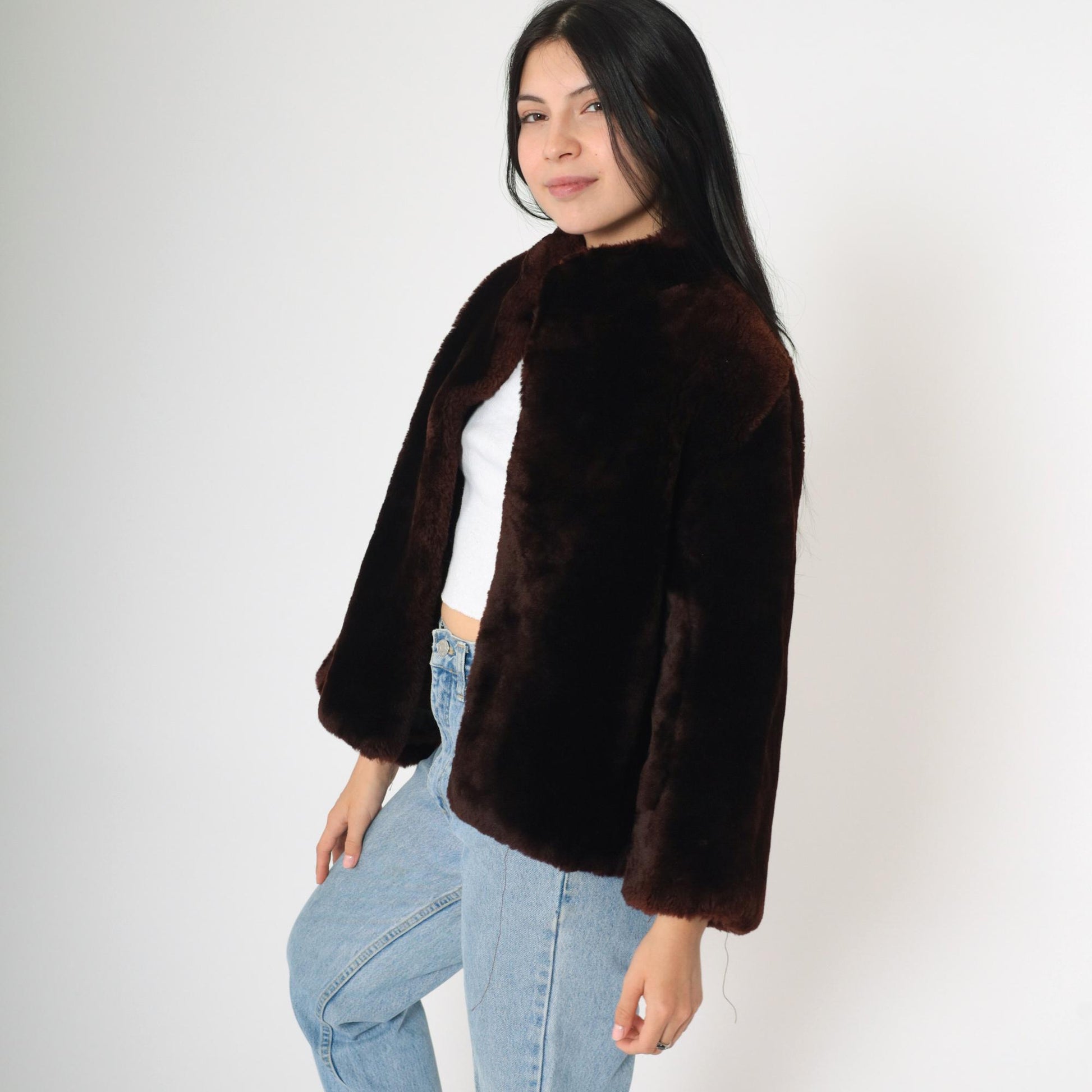 70s Brown Fur Jacket Cape Silhouette Bell Sleeve Open Front Small