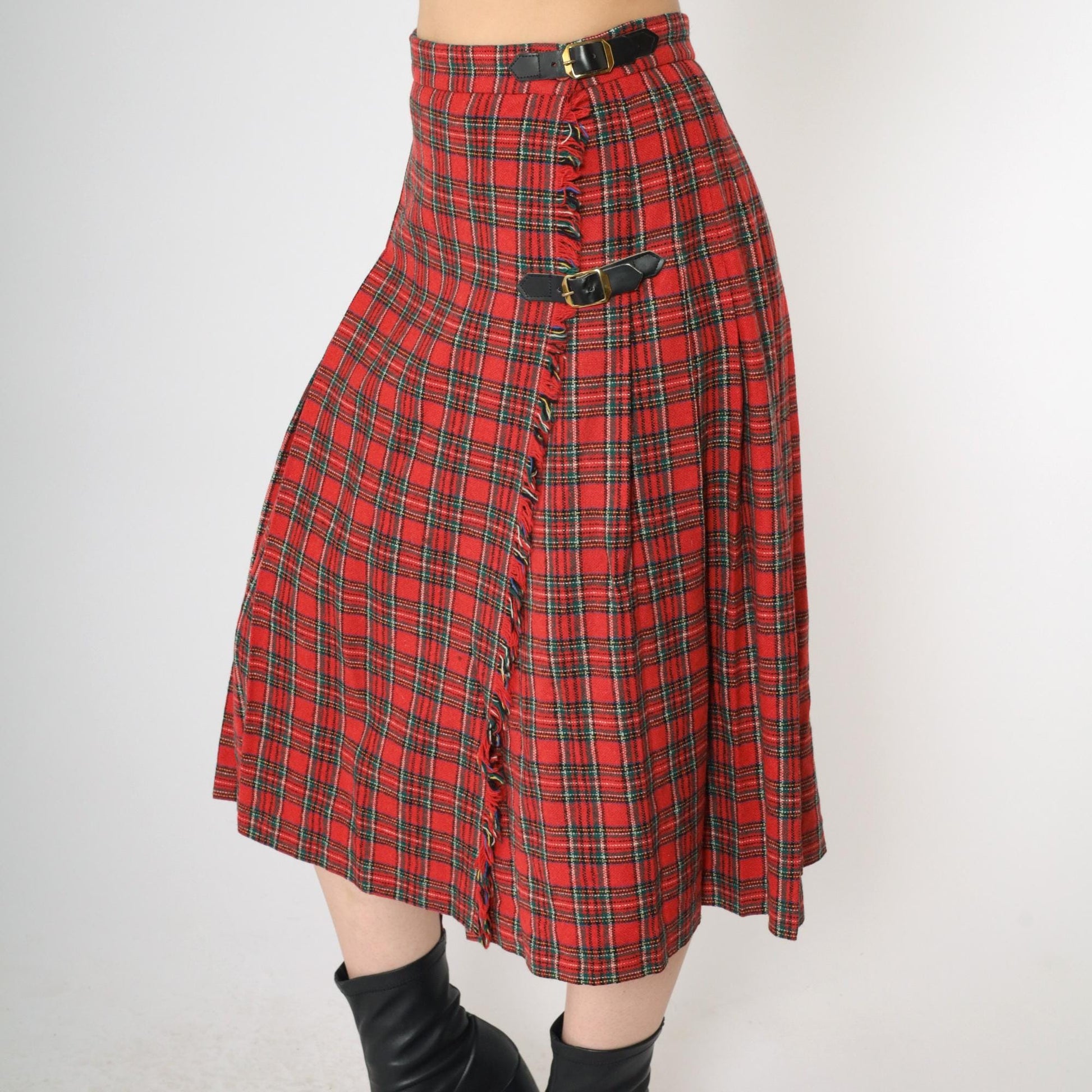 80s Red Plaid Midi Skirt High Waist Pleated Tartan Buckle Small