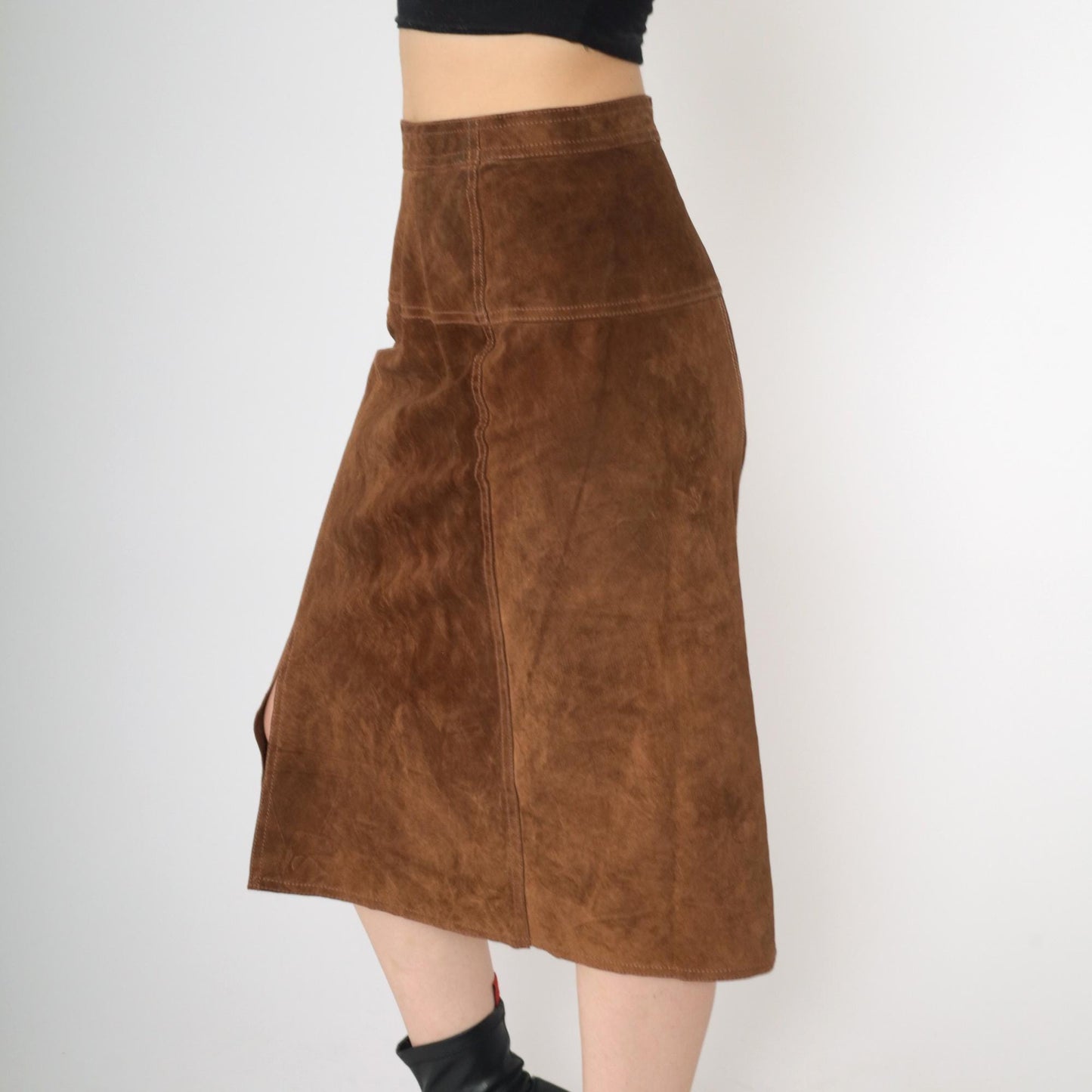 90s Brown Suede Midi Skirt High Waist Front Slit Small S