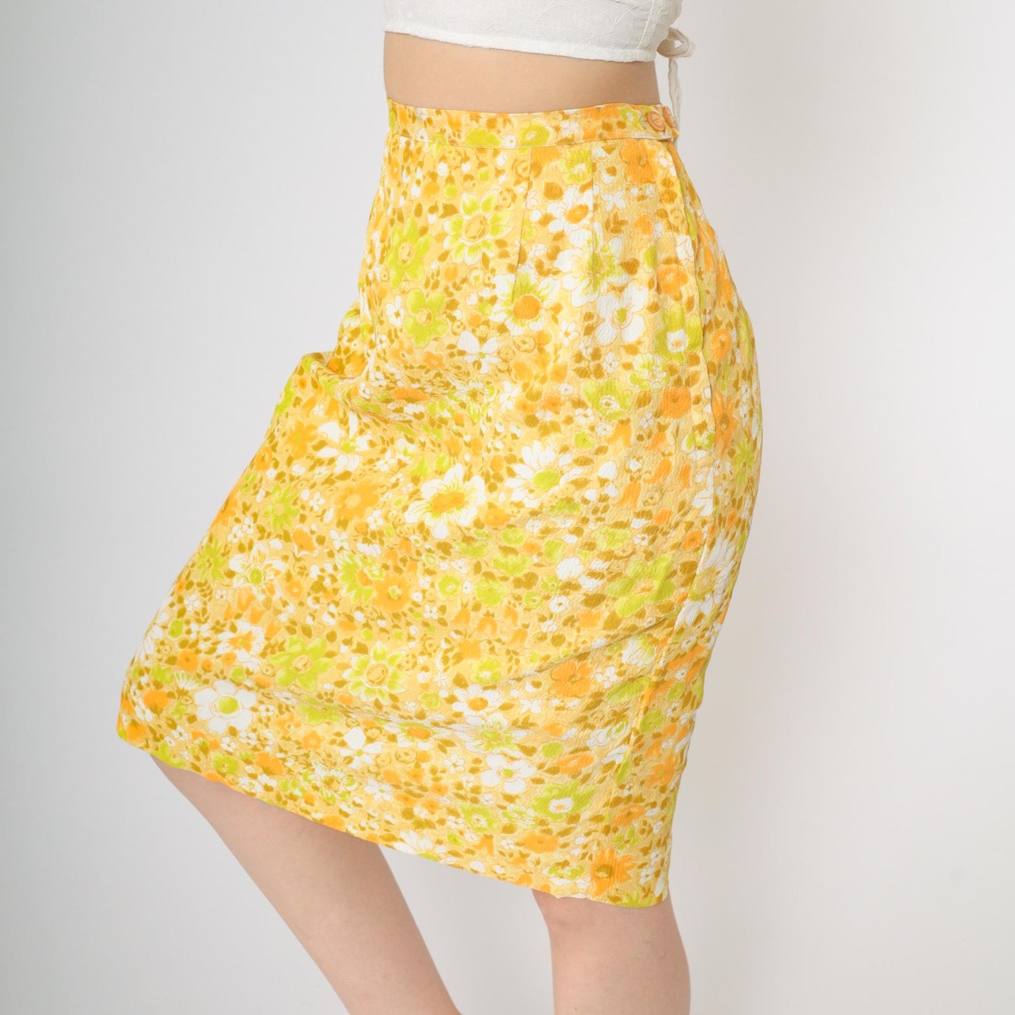 60s Yellow Orange Floral Pencil Midi Skirt High Waist Small