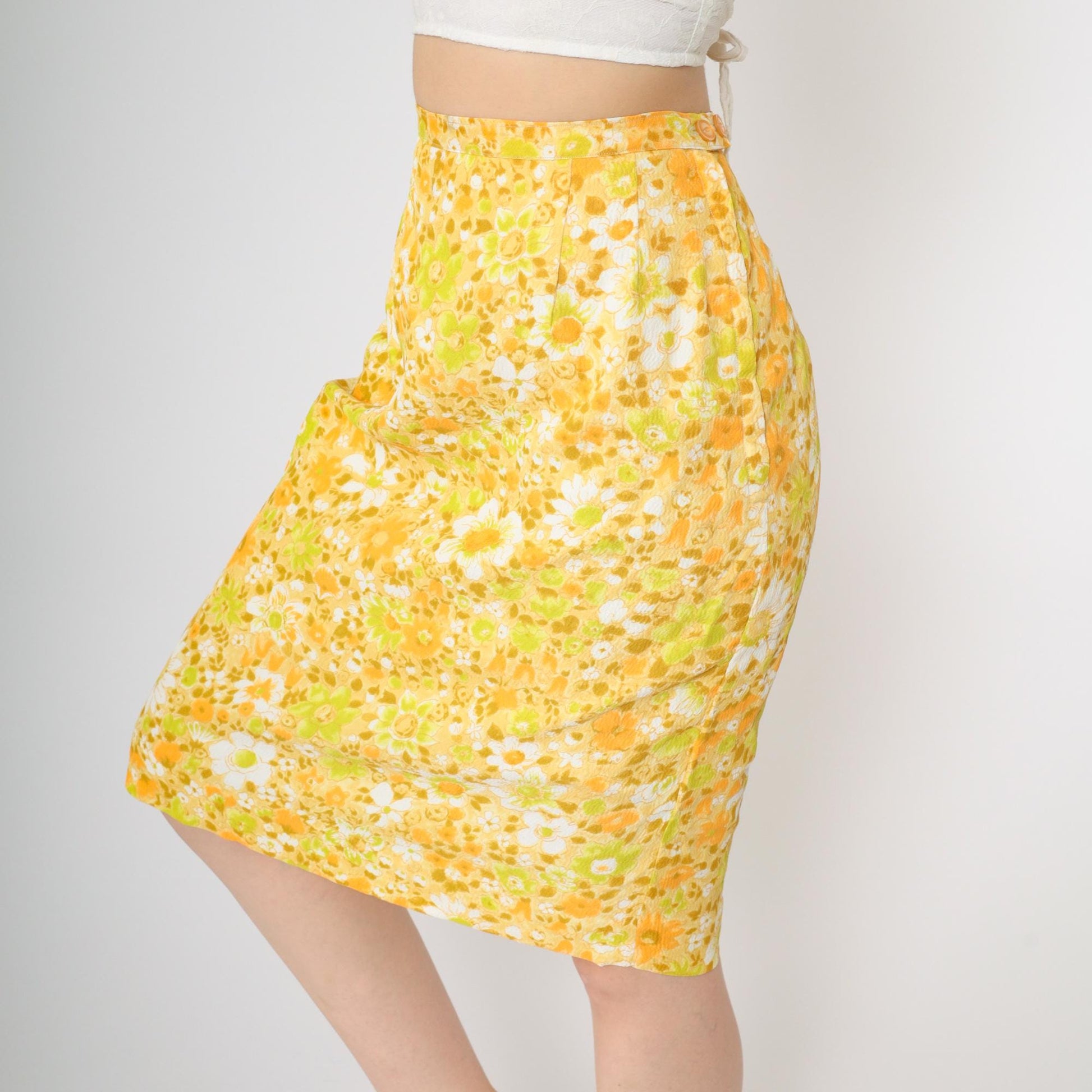 60s Yellow Orange Floral Pencil Midi Skirt High Waist Small