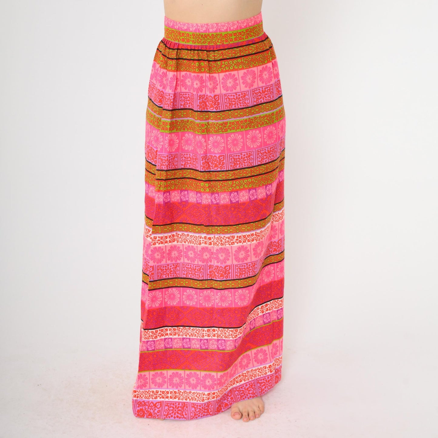 70s Floral Striped Maxi Skirt High Waist Hot Pink Olive Purple Small S