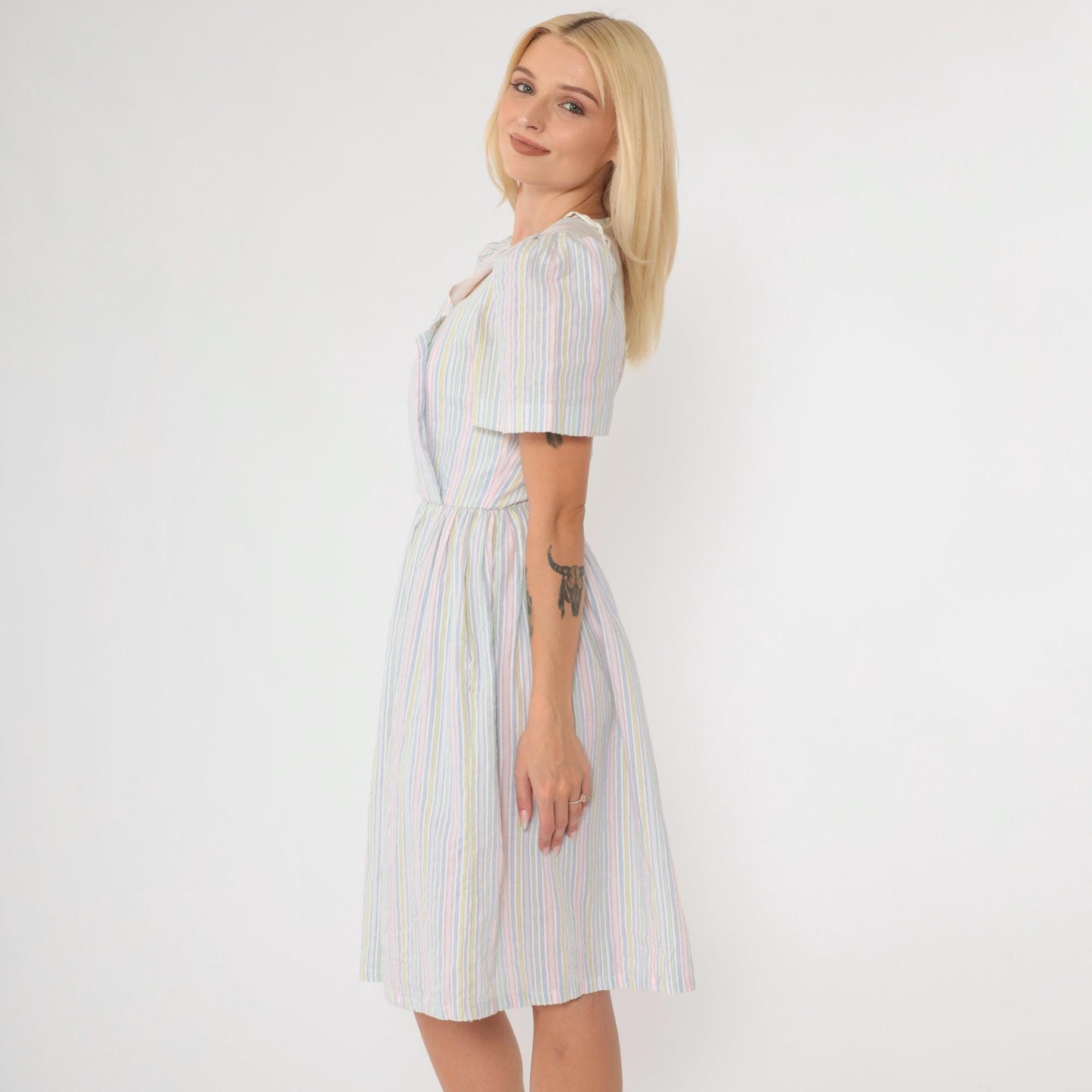 80s Striped Puff Sleeve Dress High Waisted Button Front Midi Green Pink Blue Extra Small