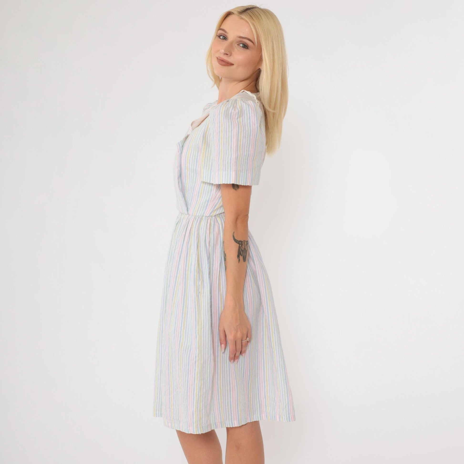 80s Striped Puff Sleeve Dress High Waisted Button Front Midi Green Pink Blue Extra Small