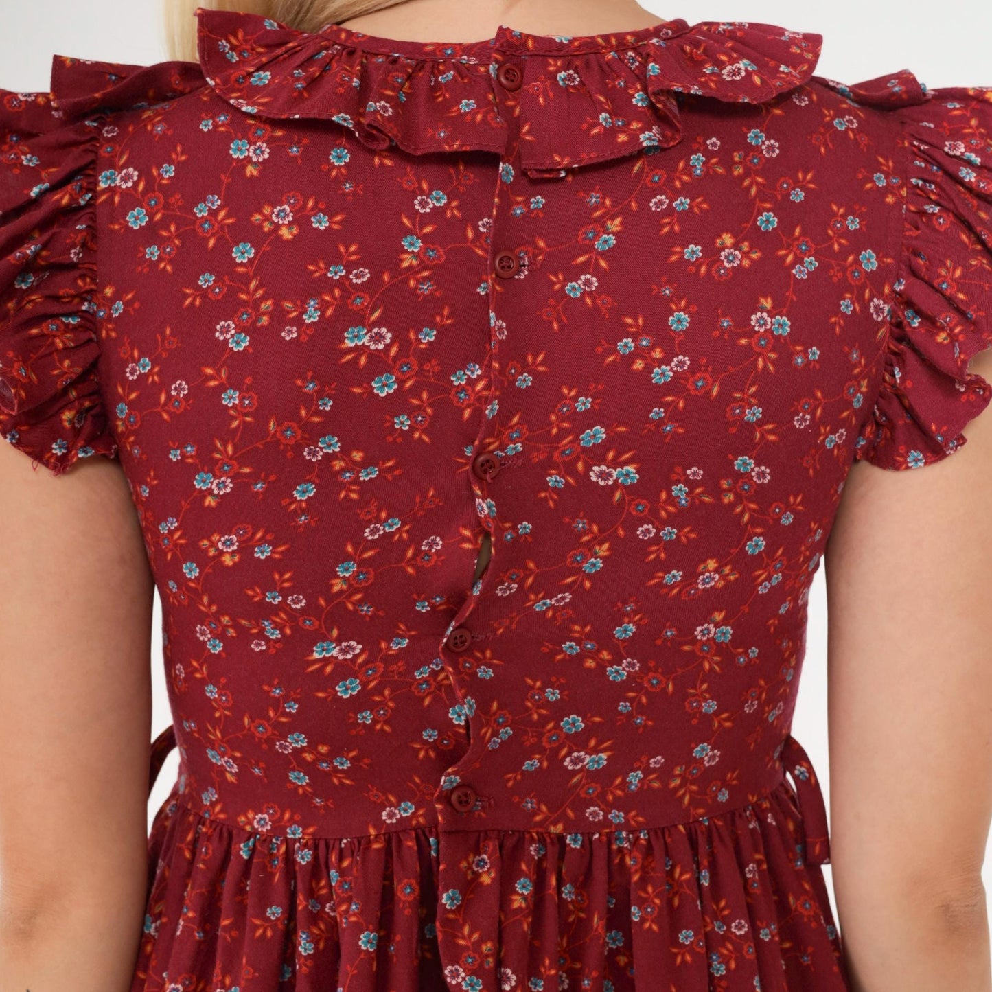 70s Kim Originals Floral Ruffle Mini Dress Burgundy High Waist Bow Neck 2XS
