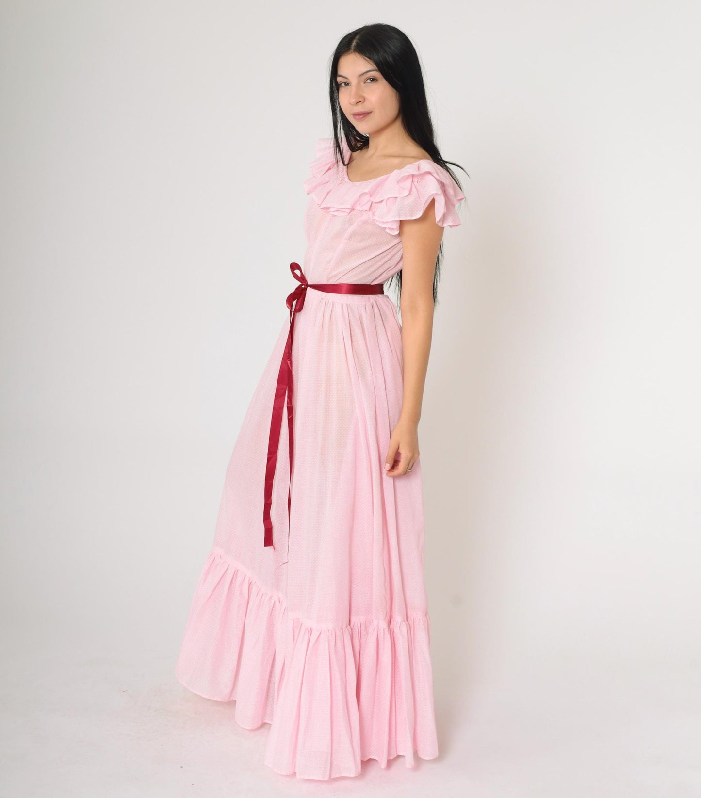 70s Baby Pink Polka Dot Maxi Dress Flutter Sleeve Scoop Neck Small
