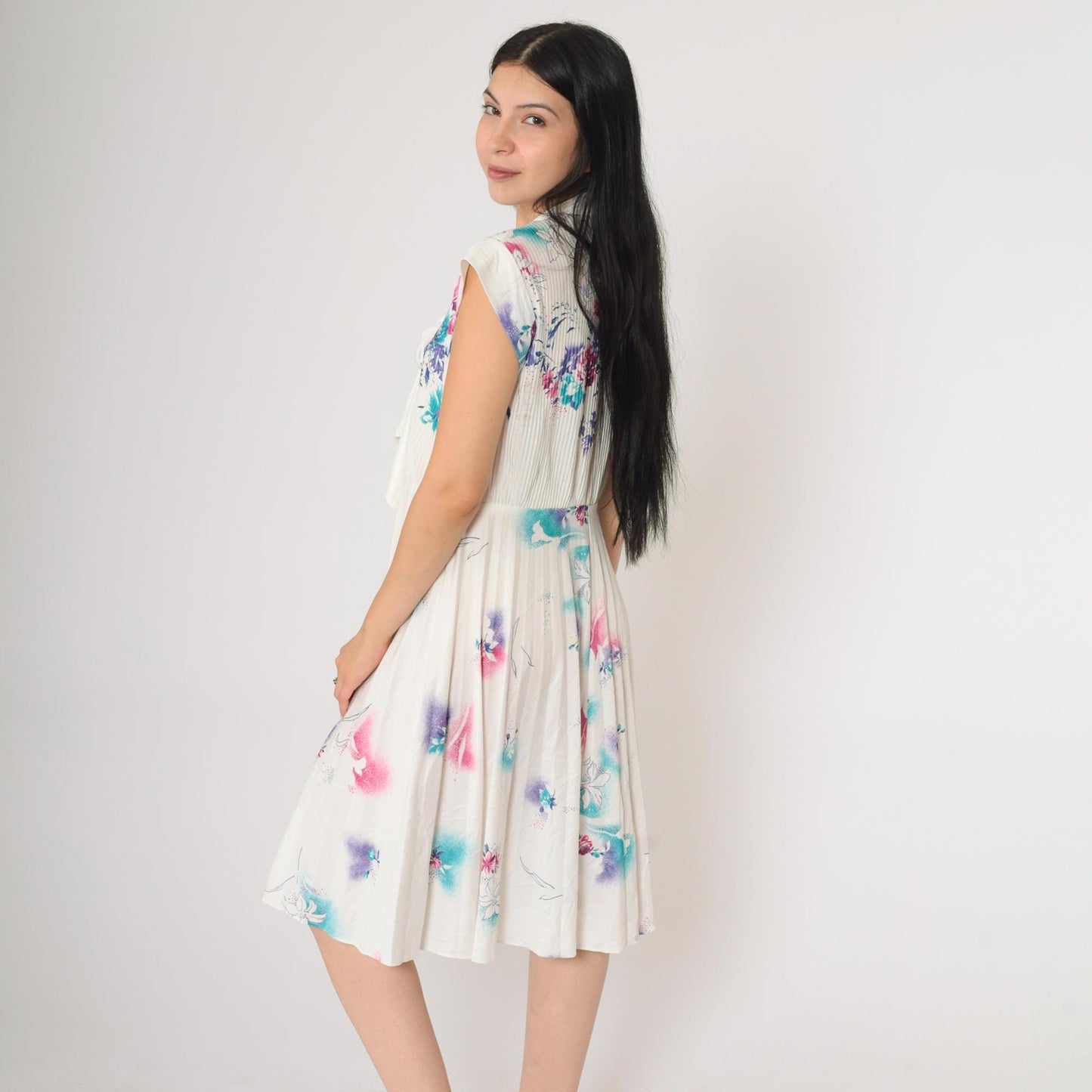 70s Floral Ascot Midi Dress White Cap Sleeve High Waist Pleated Small