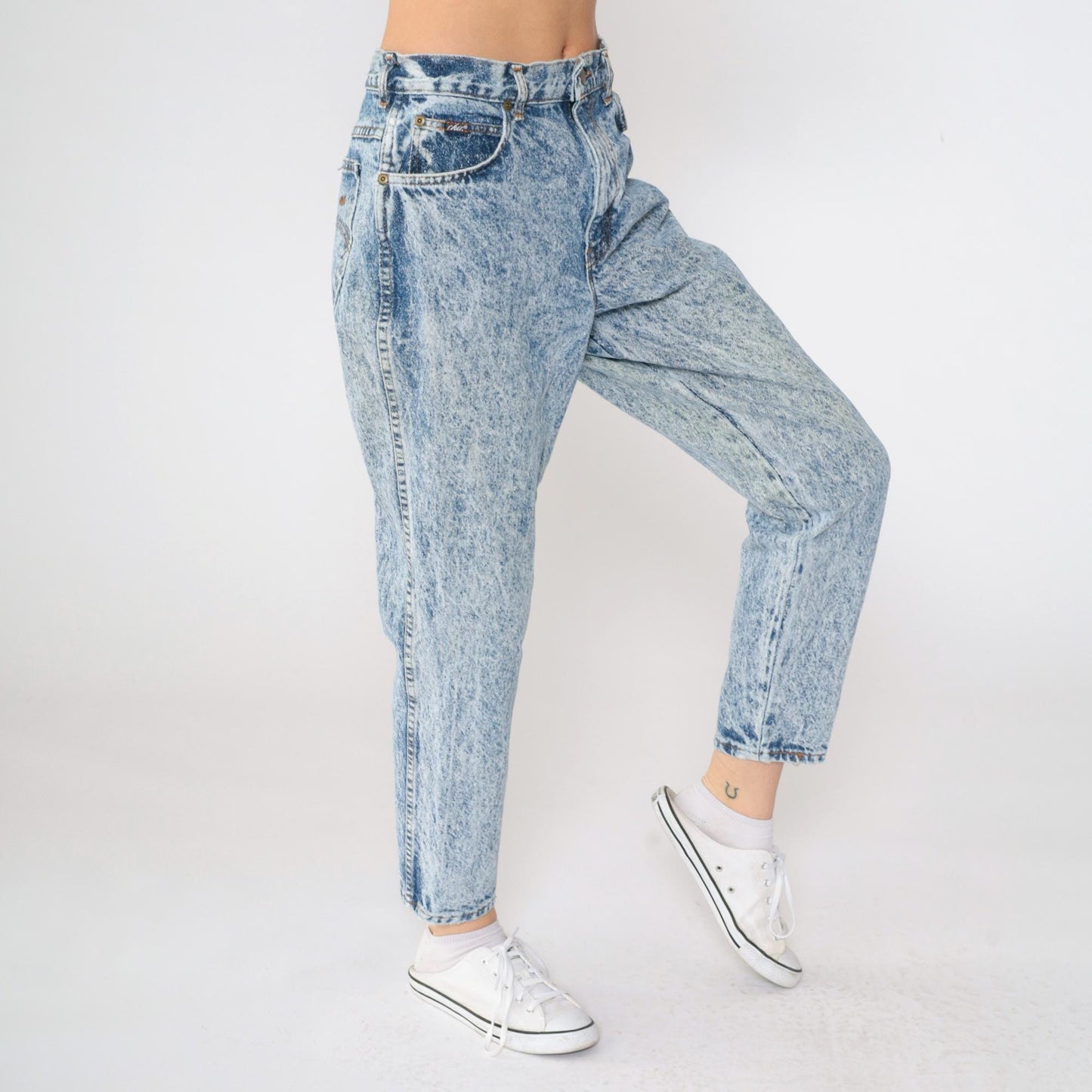 80s Acid Wash High-Waist Tapered Jeans Blue Denim Size 14