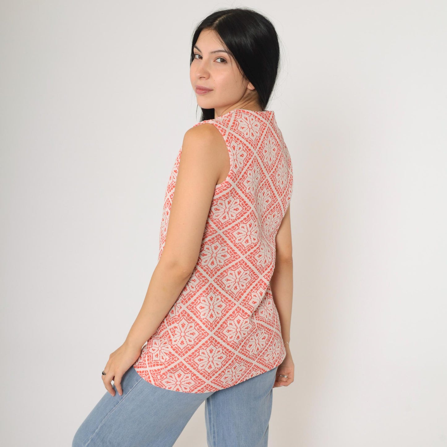 70s Peck & Peck Floral Tank Top Sleeveless Front Zip Polyester Orange Small S