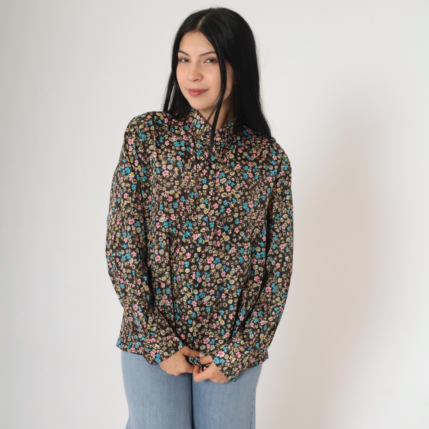 70s Calico Floral Black Button-Up Shirt Long Sleeve Flower Print Medium