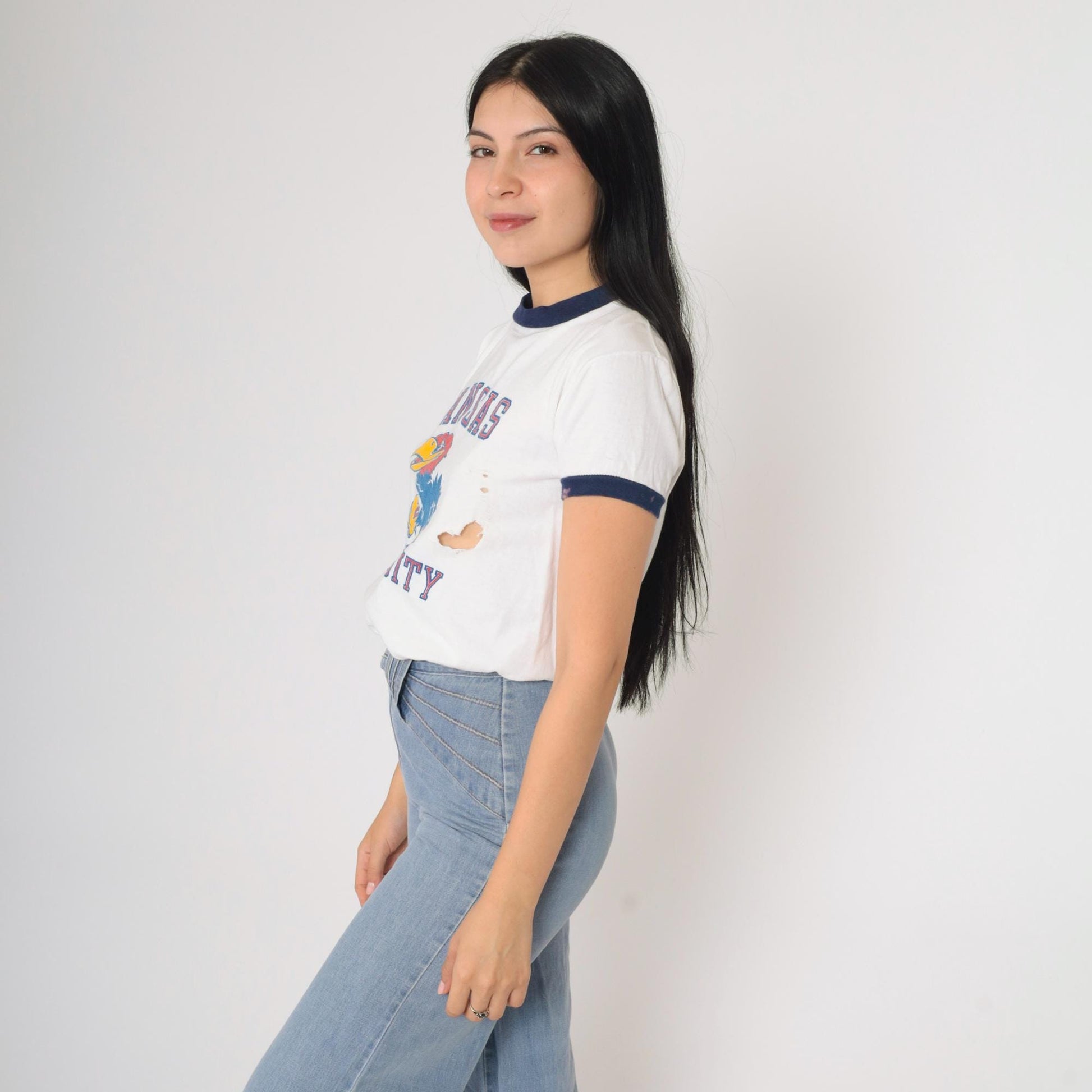 80s University of Kansas Jayhawks Ringer Tee White Graphic Athletic Shirt Small