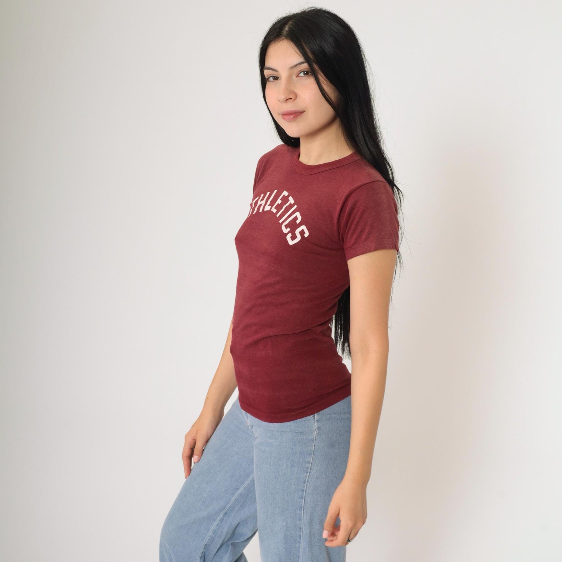 80s Russell Athletics Number 7 Burgundy Single Stitch Tee Extra Small