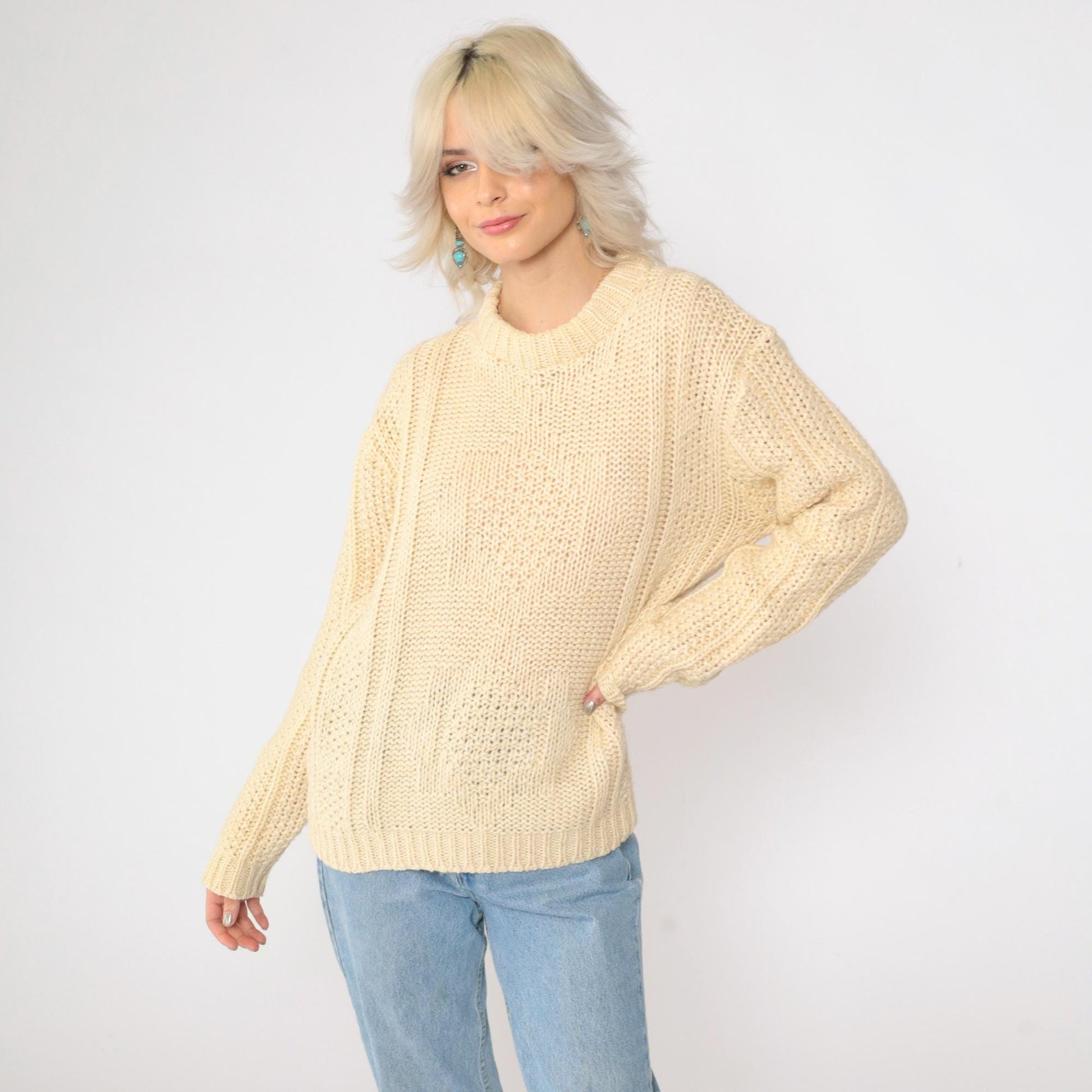 70s Inter Vale Wool Blend Sweater Cream Star Design Crewneck Large L