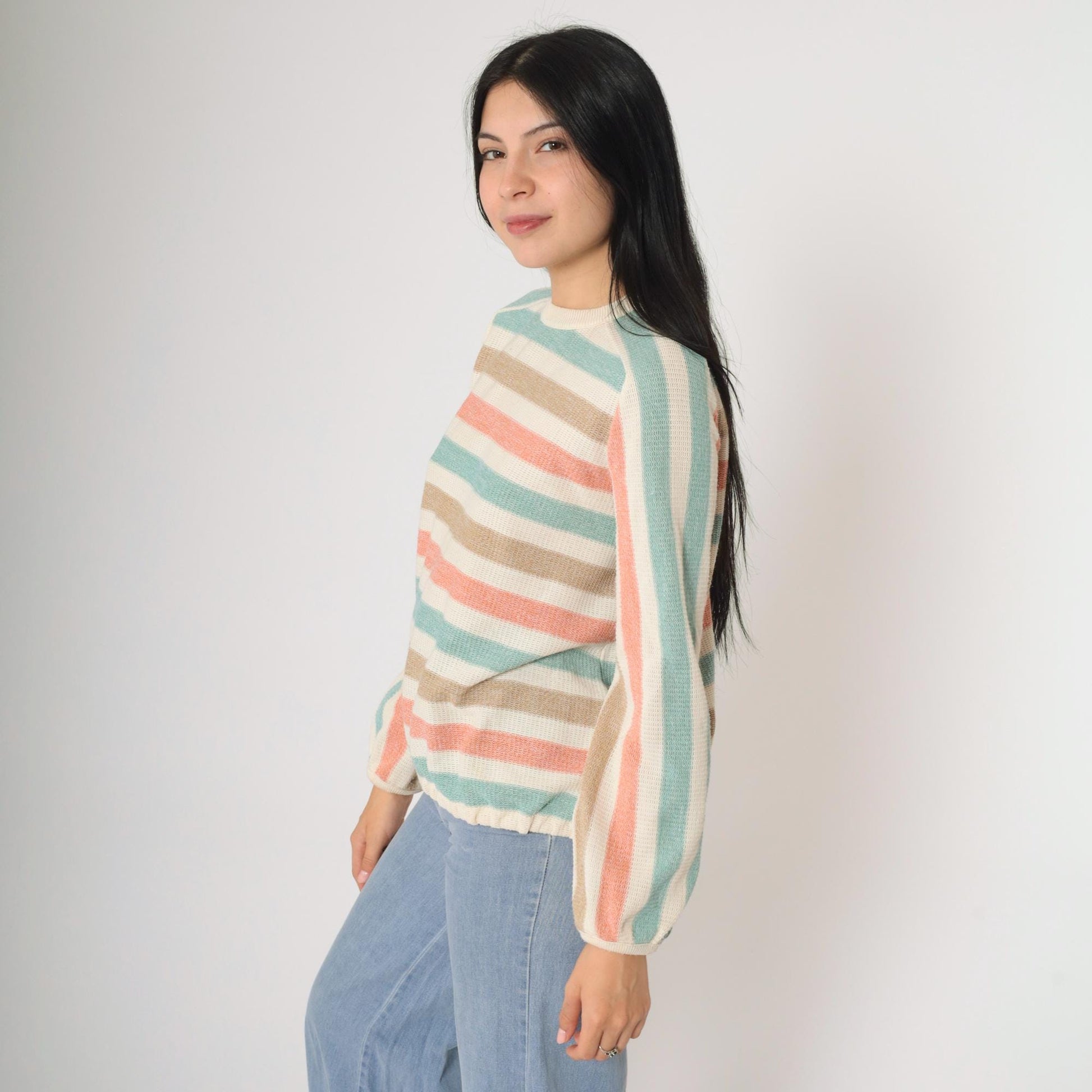 80s Dalton Striped Knit Sweater Raglan Pullover Cream Seafoam Peach Small