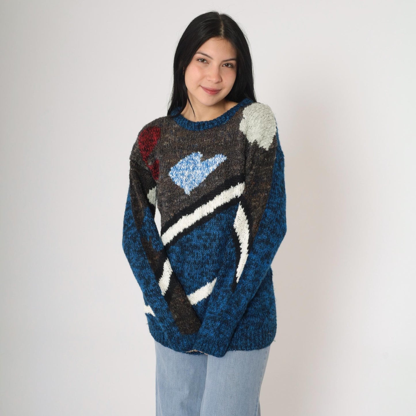 80s Geometric Space Dye Sweater Blue Striped Knit Pullover Small
