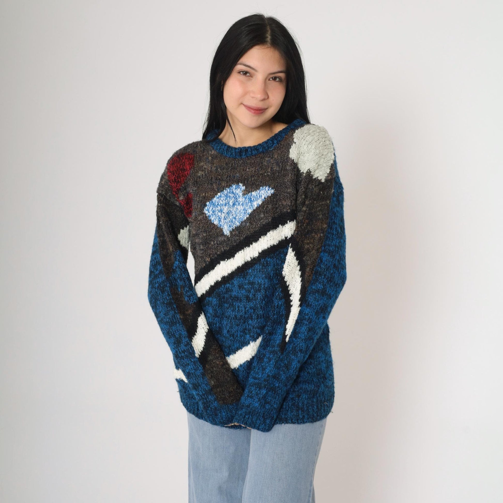 80s Geometric Space Dye Sweater Blue Striped Knit Pullover Small
