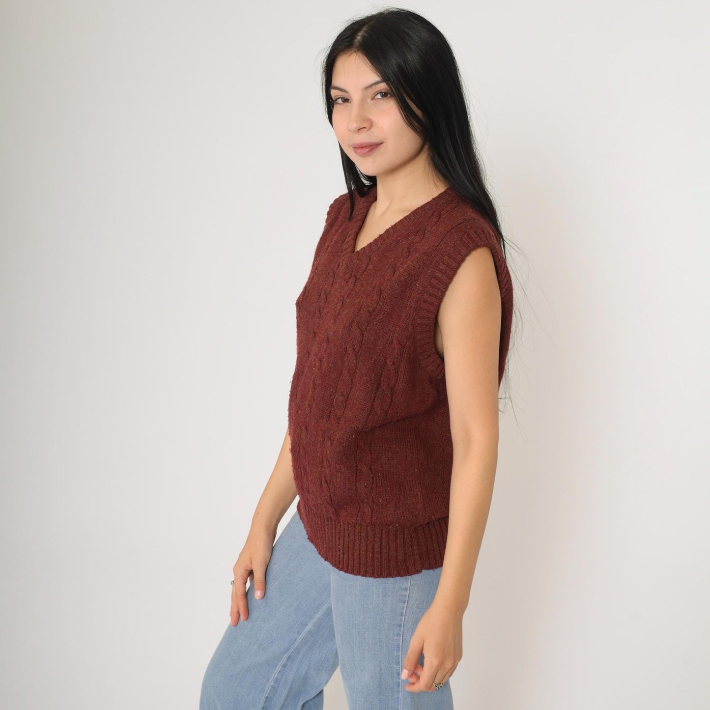 80s Gap Cable Knit Vest Burgundy Flecked V-Neck Sleeveless Sweater Medium