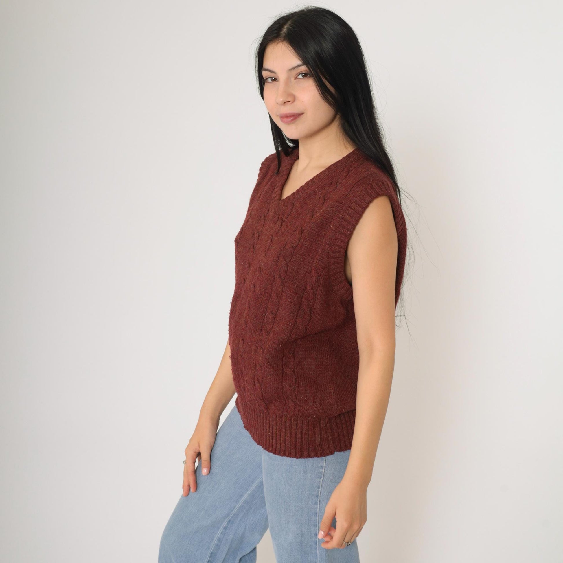 80s Gap Cable Knit Vest Burgundy Flecked V-Neck Sleeveless Sweater Medium