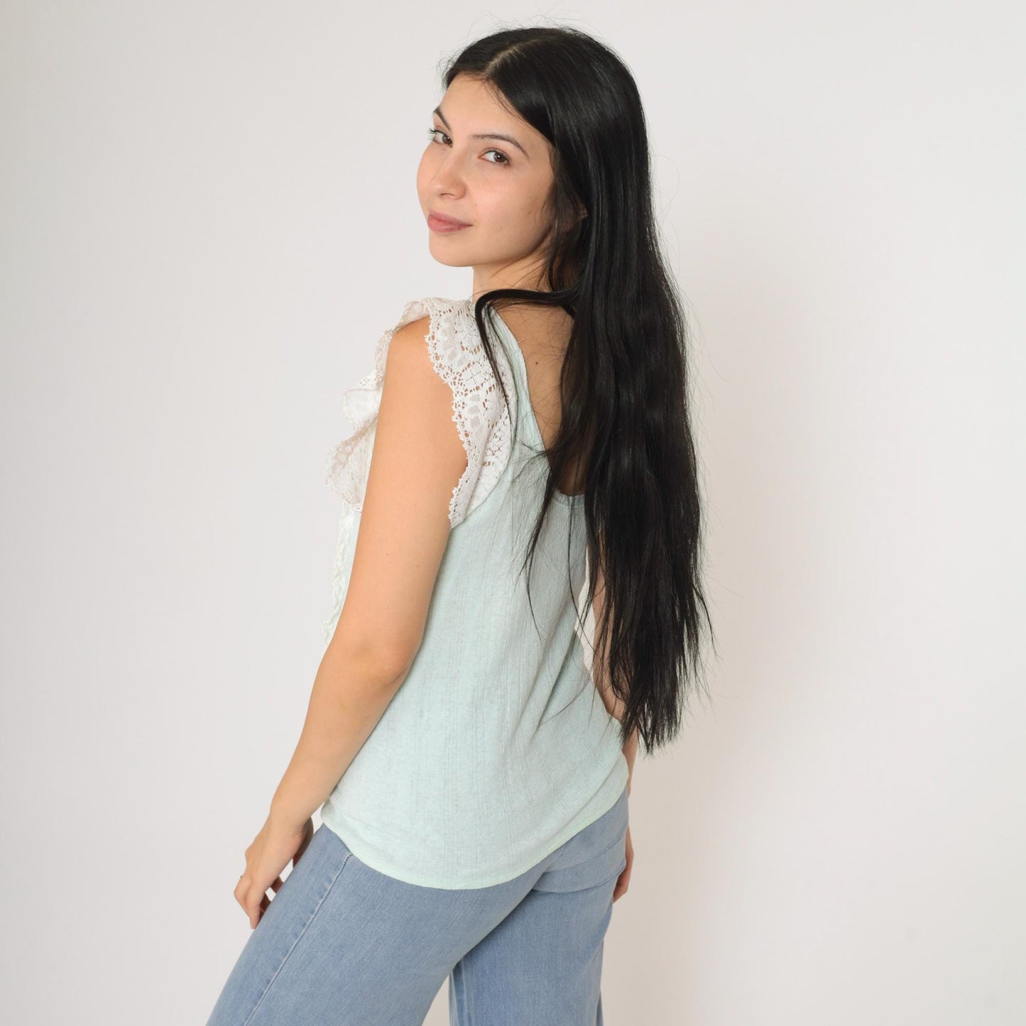 70s Mint Green Crochet Lace Tank Top V-Neck Lace-Up Sleeveless Blouse Medium