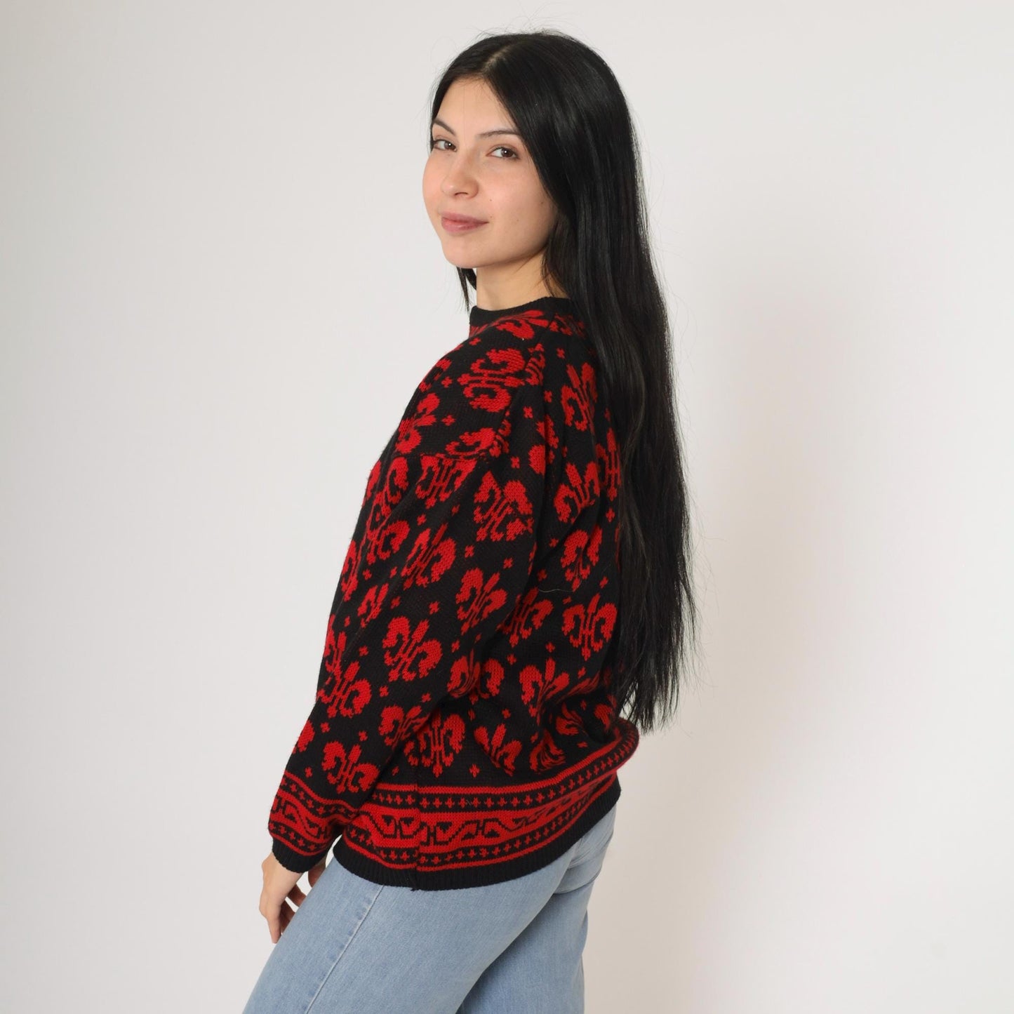 90s Fleur De Lis Geometric Knit Sweater Red Black Pullover Medium