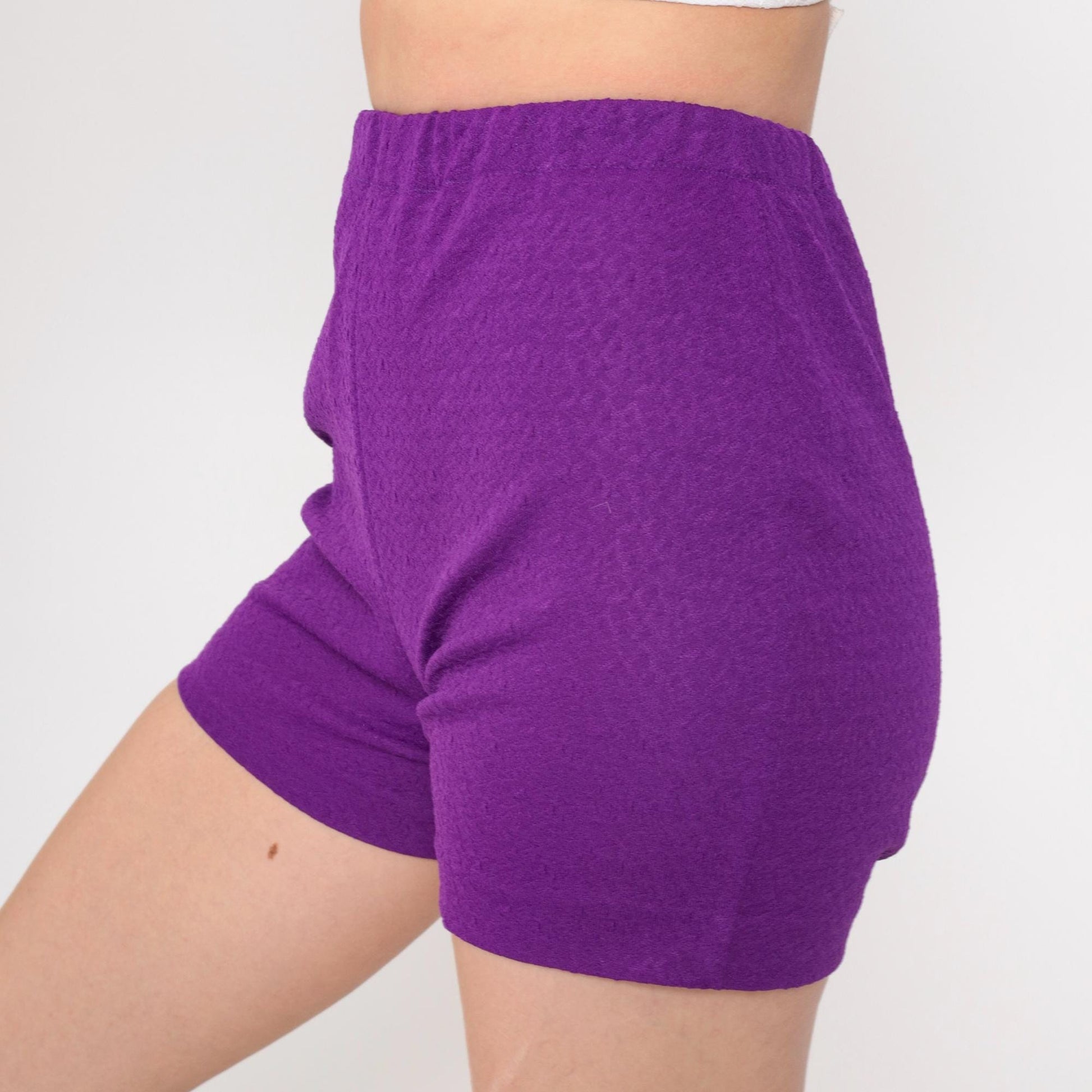70s Purple Textured Polyester Hotpants High Rise Shorts Extra Small