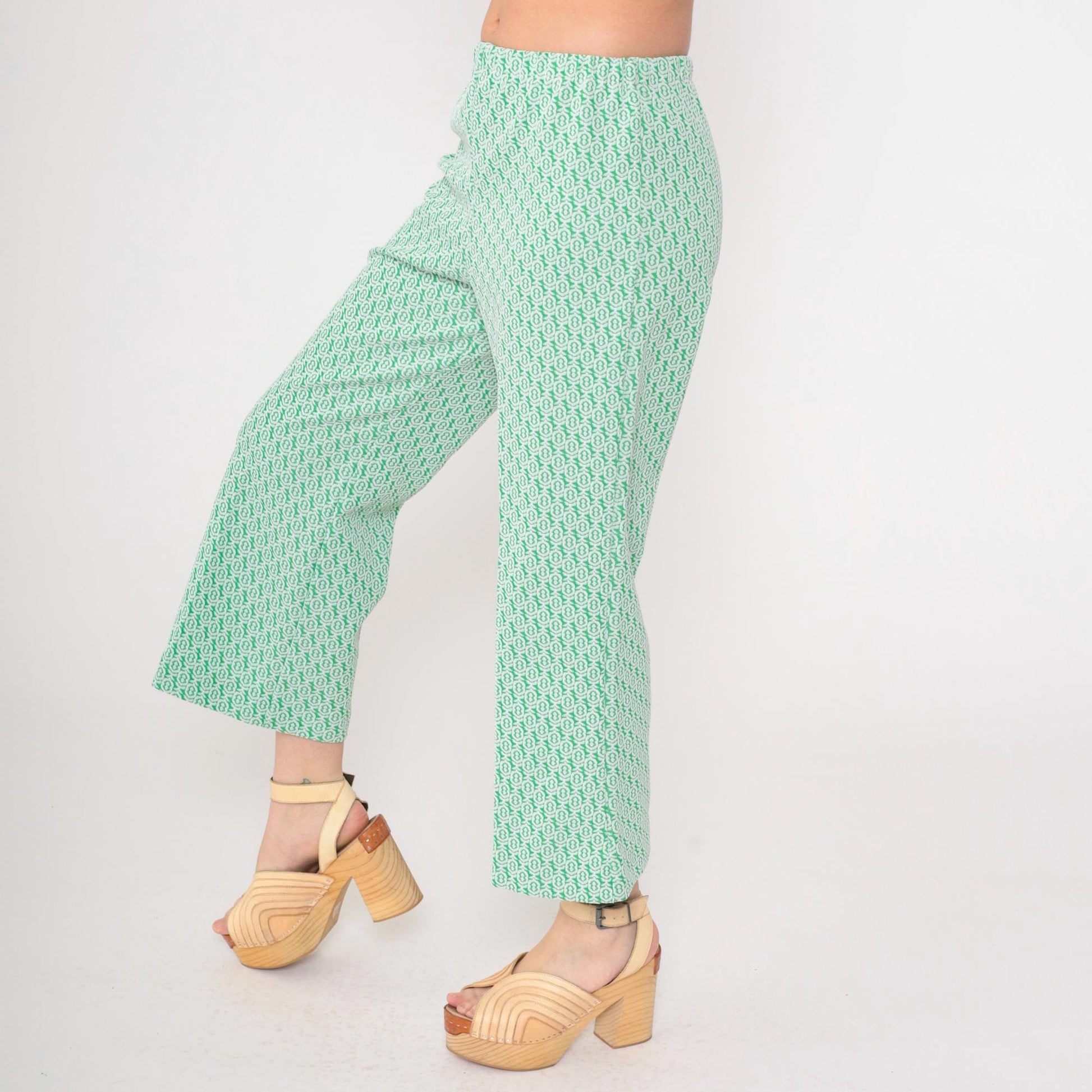 70s Green Geometric Flared Trousers High Waist Elastic Waistband Extra Small