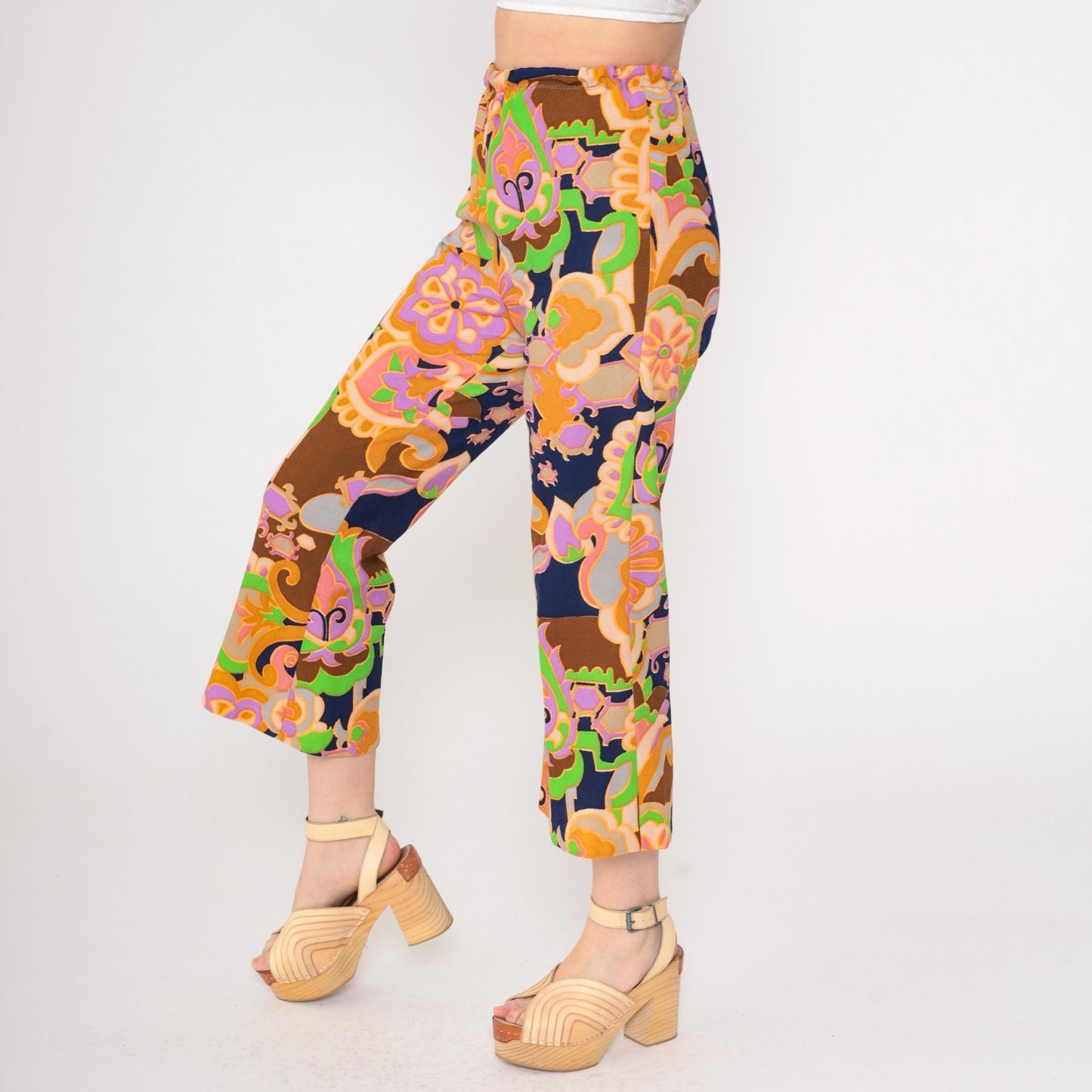 70s Psychedelic Floral Bell Bottom Pants High Waist Cropped Small