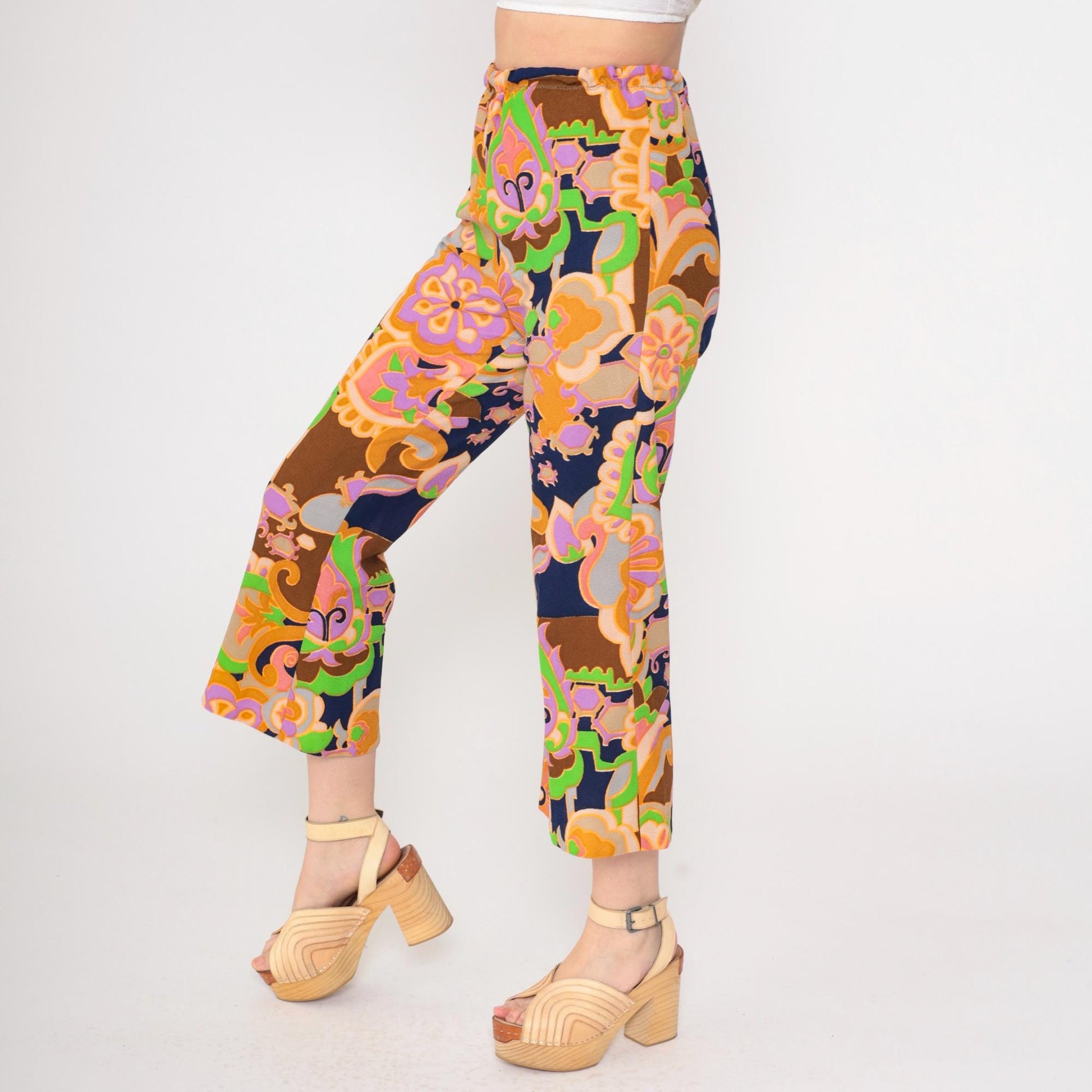 70s Psychedelic Floral Bell Bottom Pants High Waist Cropped Small