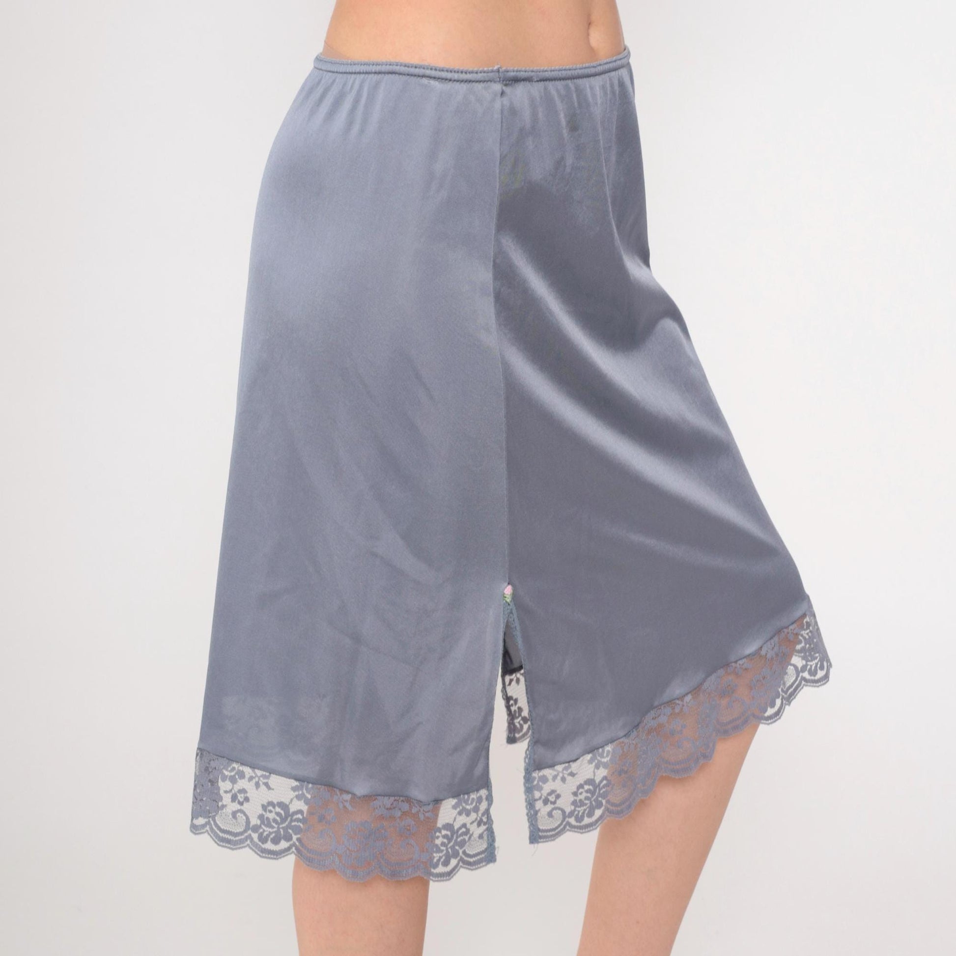 80s Grey Nylon Slip Skirt Lace Trim Rosette Side Slit Medium