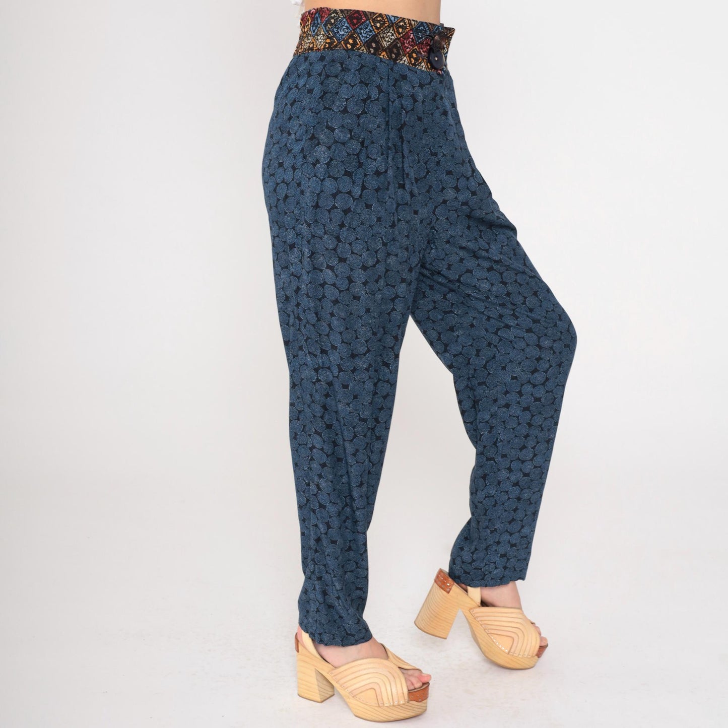 90s Geometric Print High-Waisted Tapered Trousers Blue Small 6