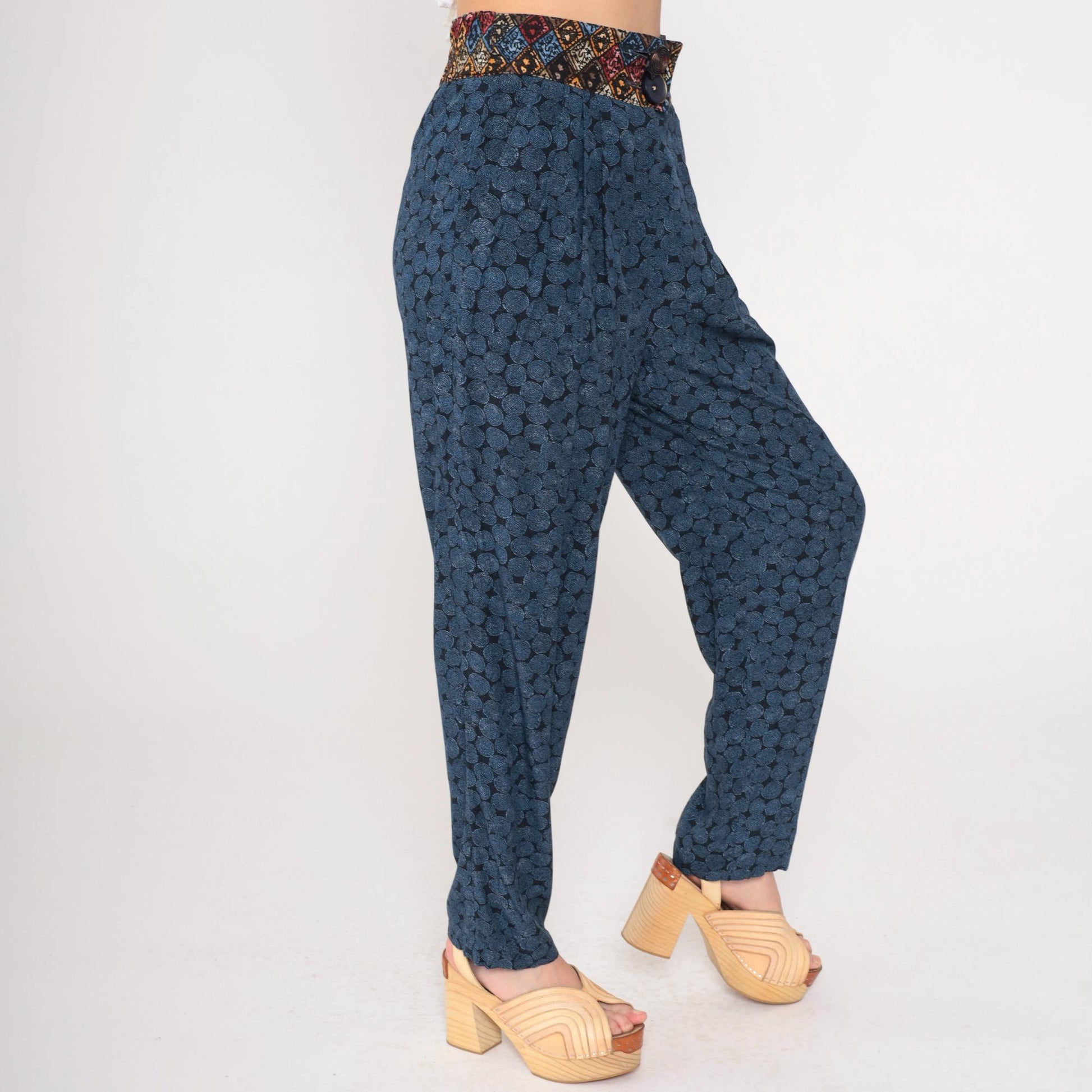 90s Geometric Print High-Waisted Tapered Trousers Blue Small 6