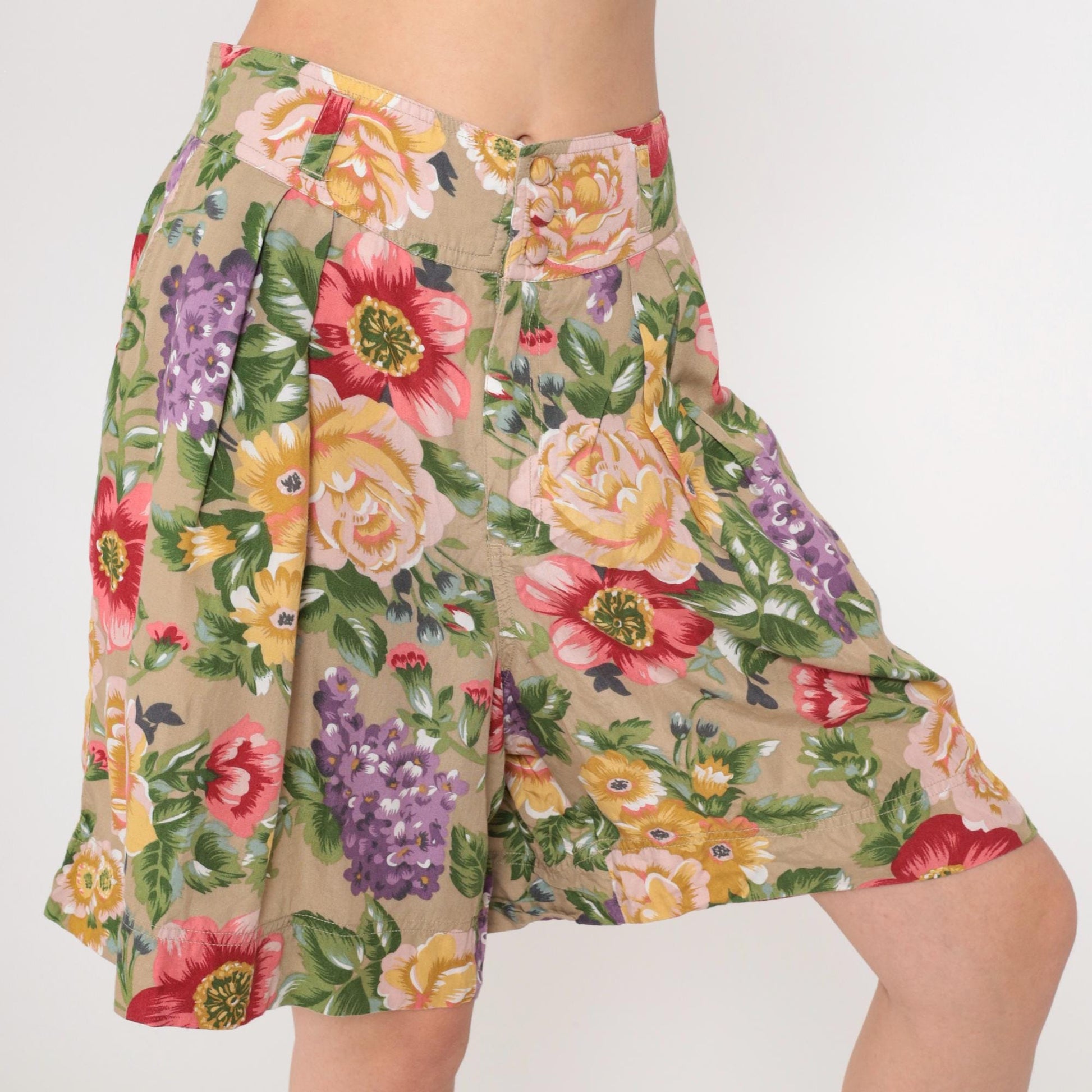 90s Lizwear Floral Pleated Shorts High Waist Rayon Tan Large 14