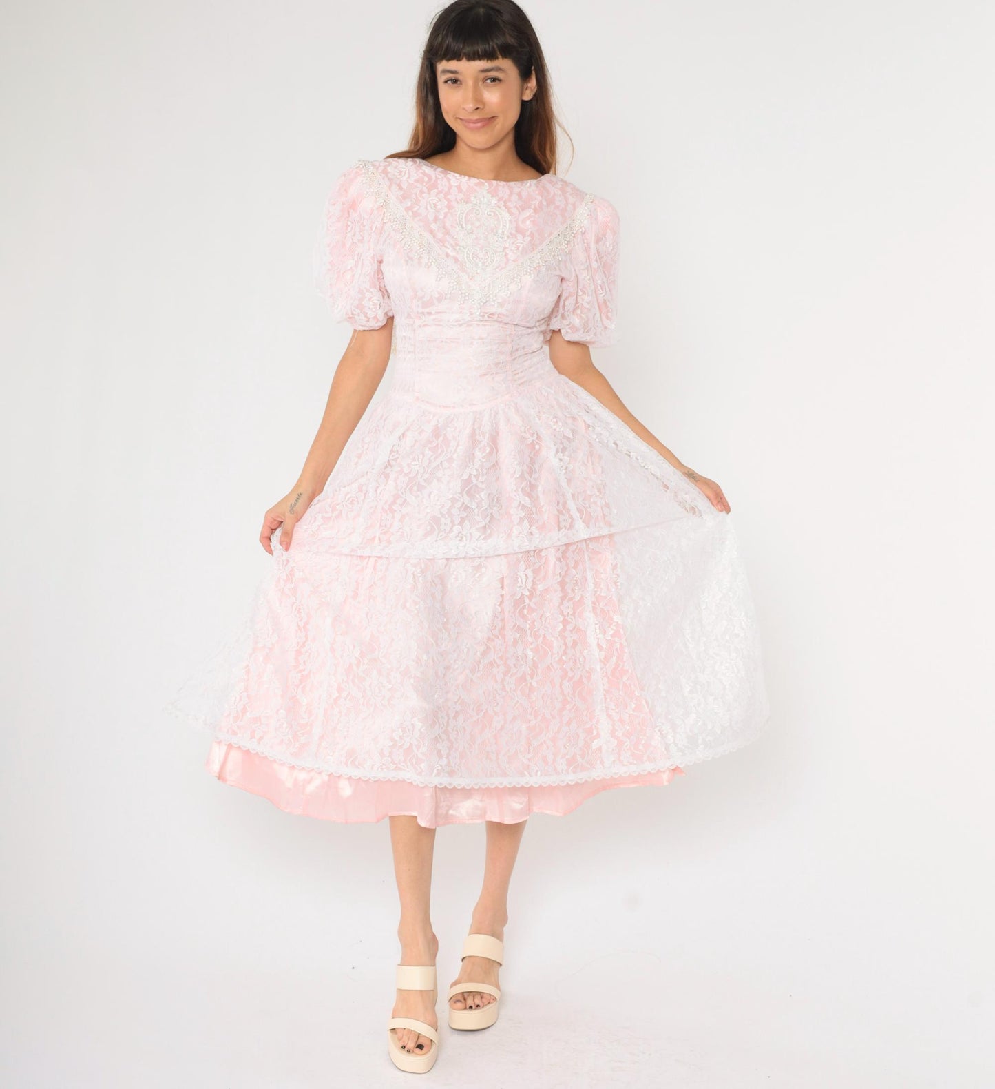 80s Gunne Sax Pink Lace Puff Sleeve Midi Dress White Overlay Small